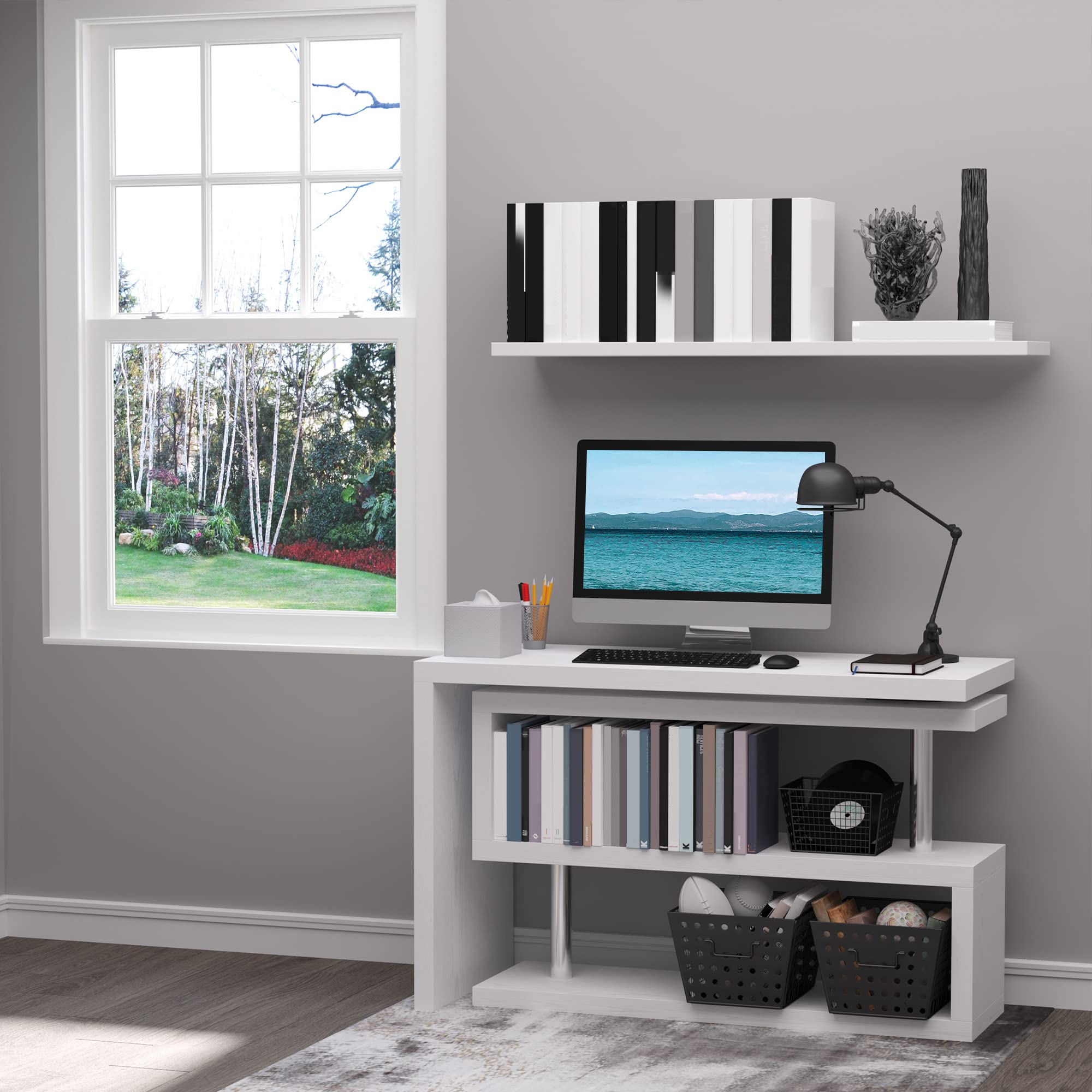 HOMCOM 360° Rotating L-Shaped Corner Computer Desk with 3-Tier Storage Shelves, White - Space-Saving Home Office Workstation for Small Spaces, Gaming & Study Setup