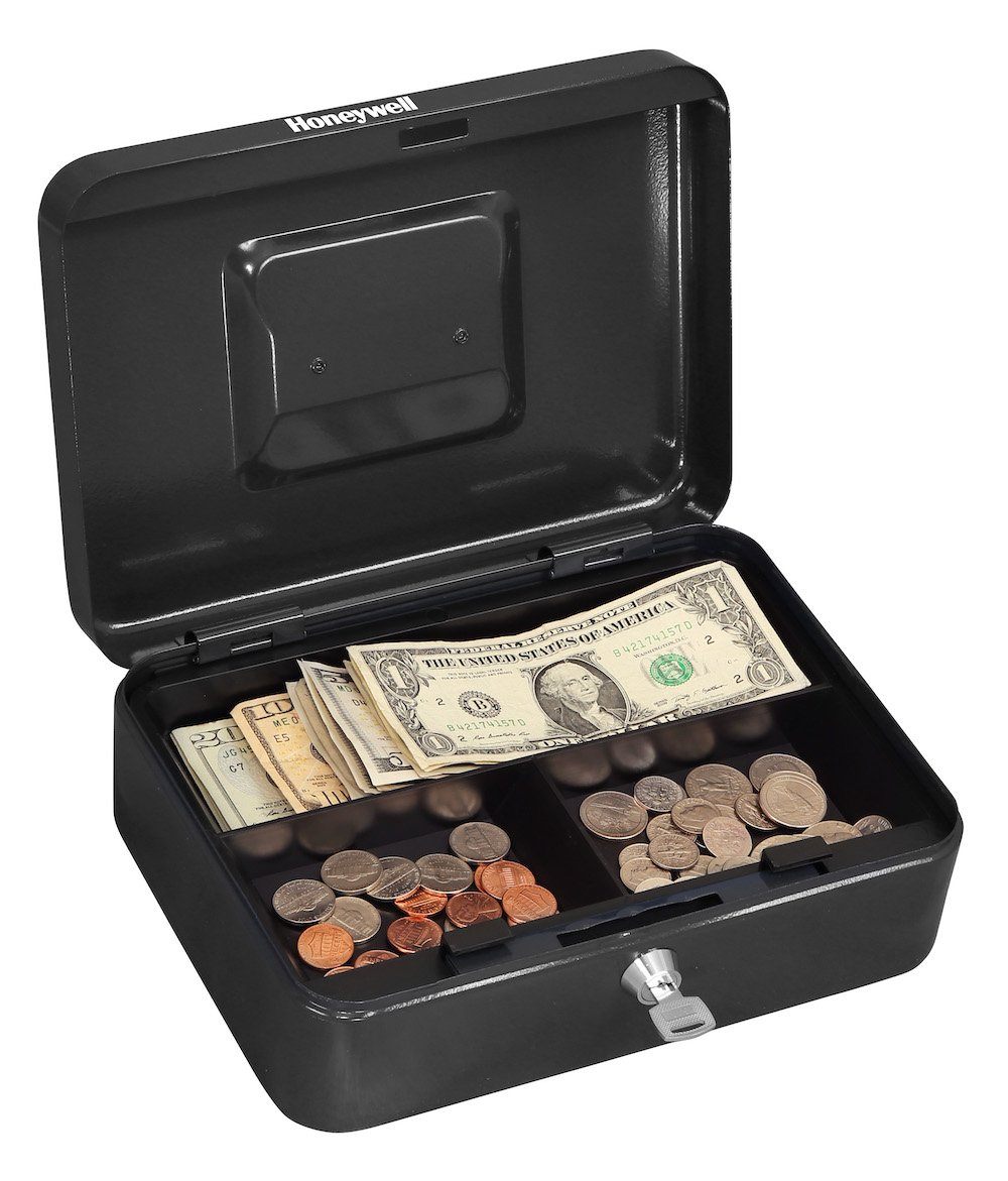 Honeywell 6202 Key Locking Steel Cash Box with Removable Tray - Secure Money Storage for Home, Office, and Retail Businesses