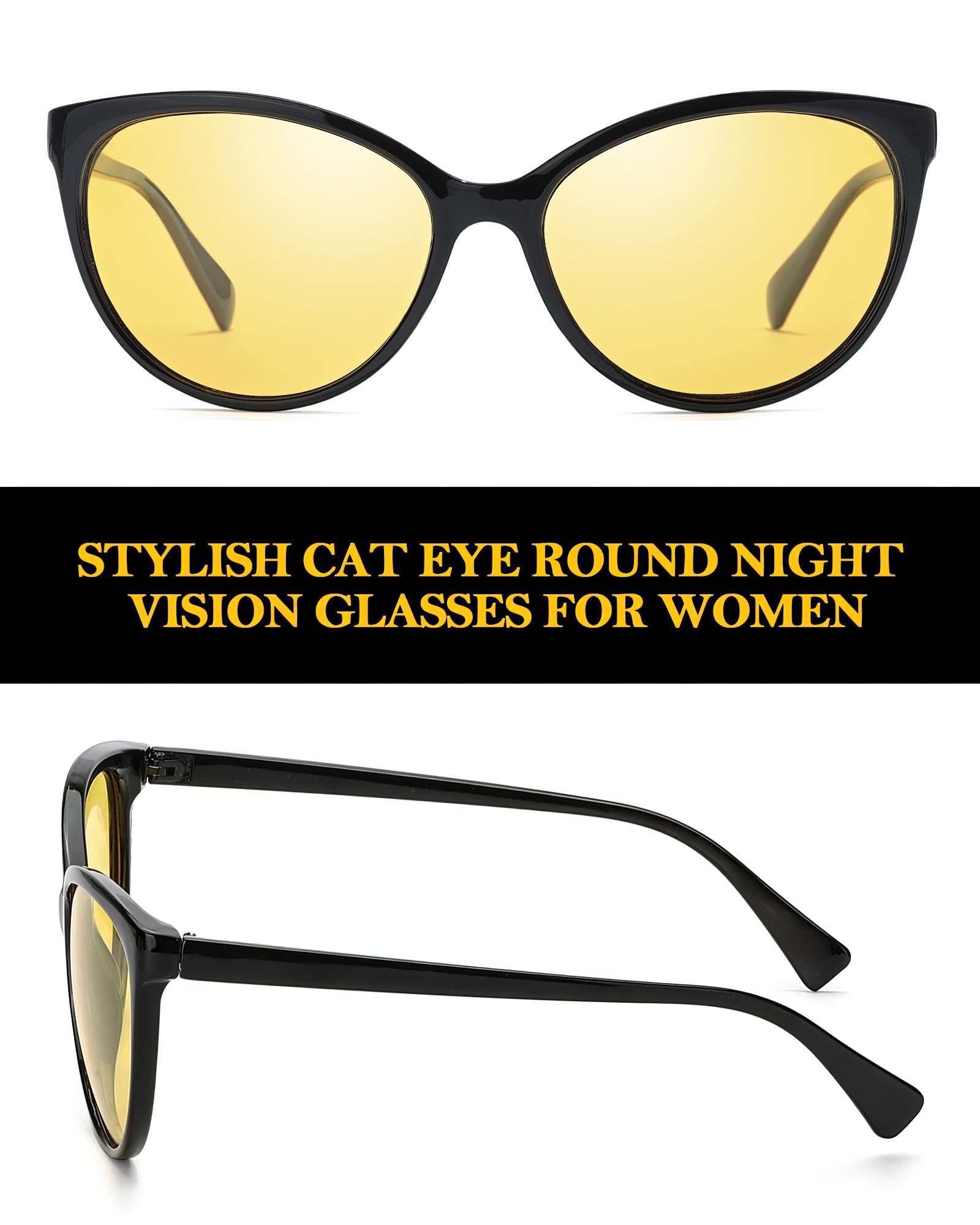 LVIOE Anti Glare Night Driving Glasses for Women - Yellow Tinted Cat Eye Sunglasses for Safe Night Vision | Perfect for Evening Commutes, Road Trips & Low Light Conditions