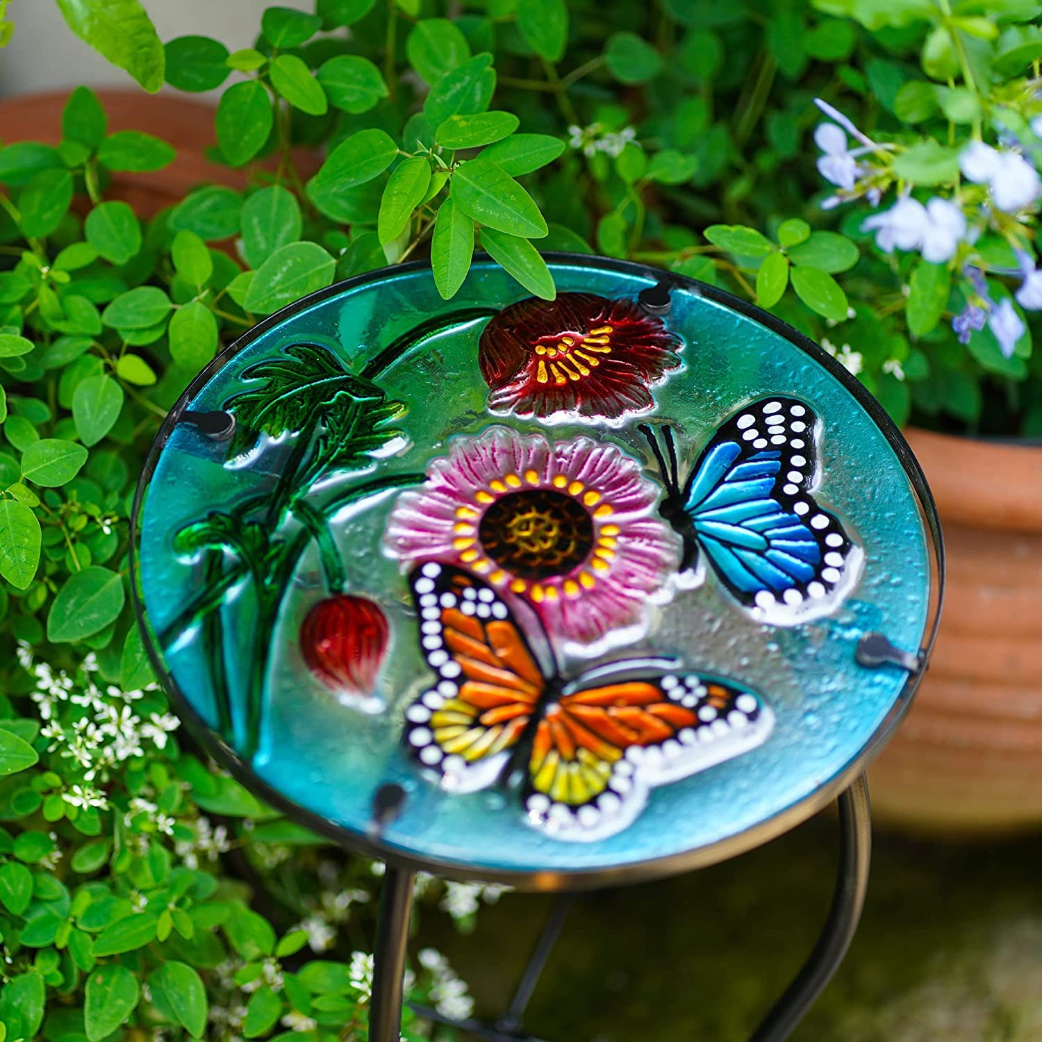 Butterfly Patio Side Table - Small Outdoor End Table with Metal & Glass for Porch, Garden, Yard, Pool - Perfect for Drinks, Plants & Decor