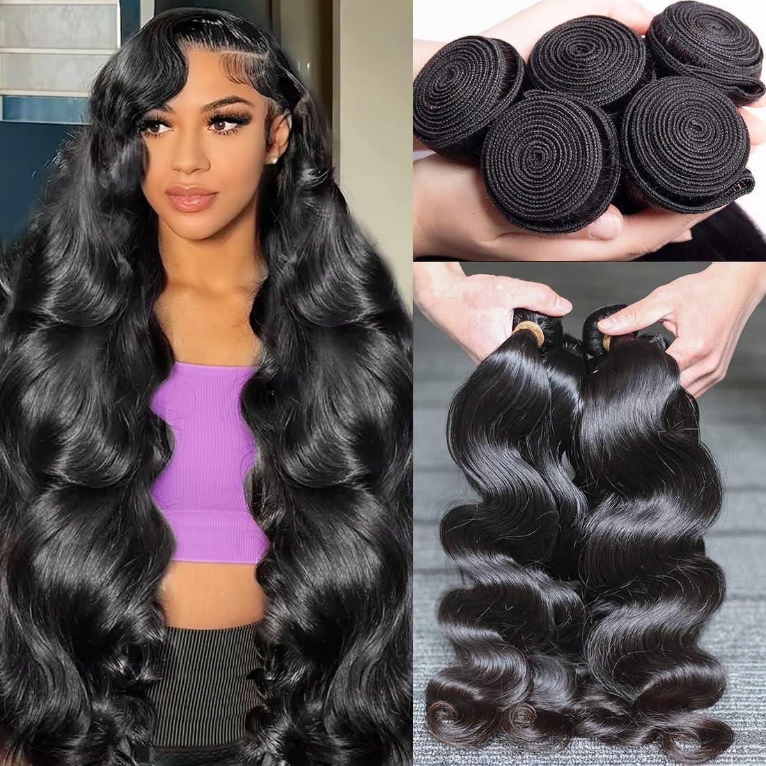 Aelinsi 100% Unprocessed Brazilian Virgin Human Hair Bundles - Body Wave 4 Bundles (20, 22, 24, 26 Inches) 12A Natural Color Wavy Hair Extensions for Styling, Weaving & Everyday Glamour