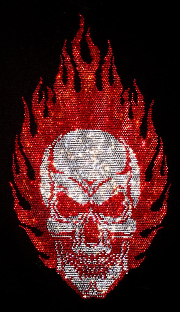 Skull with Flames Heat Transfer Vinyl Decal | Hot Fix Rhinestone Skeleton Design | Iron On Skull Patch for Jeans & Jackets | Gothic Crystal Applique for DIY Clothing & Accessories | Perfect for Halloween Costumes, Biker Gear & Punk Fashion