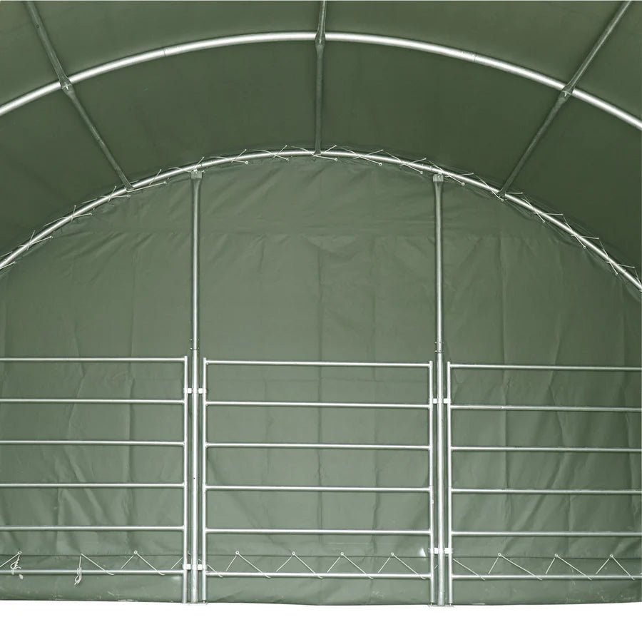 13ft, 26ft & 32ft Heavy Duty Livestock Corral Shelter - 12' Dome Roof with 17oz Green PVC Cover, 6 Bar Panels & 5' Swing Gate for Horses, Cattle & Farm Animals | Perfect for Pasture, Ranch & Livestock Protection