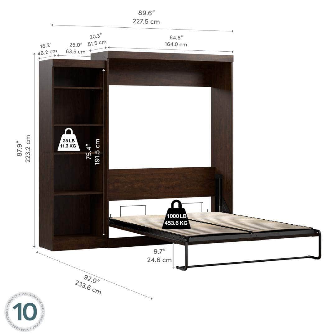 Pur 90 Queen Size Murphy Wall Bed with Storage Unit in Chocolate - Space Saving Fold Down Bed for Small Apartments & Guest Rooms