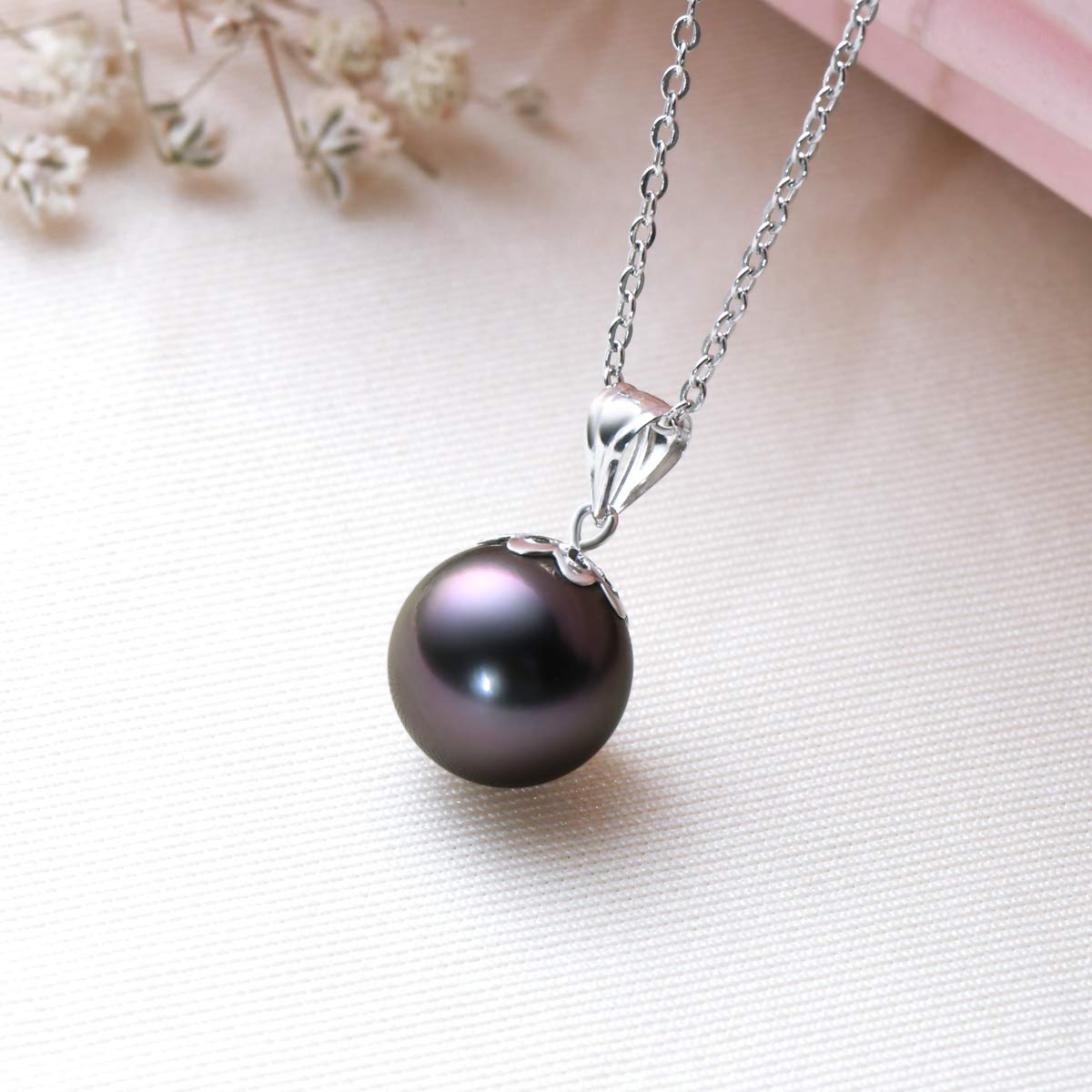 10-11mm Tahitian Black Pearl Pendant Necklace in 18K White Gold with 18