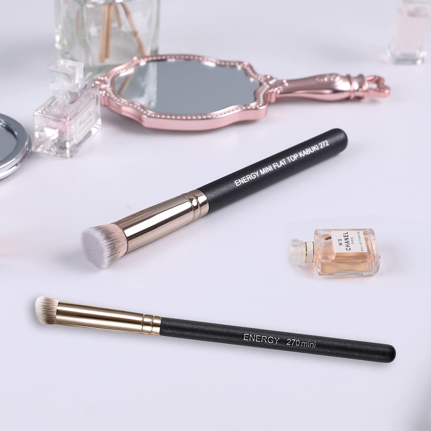 ENERGY Kabuki Brush Set - Mini Flat Top & Slant Concealer Brush for Eyebrows, Eyeshadow, Liquid, Cream & Powder Makeup | Perfect for Blending, Stippling, Highlighting & Nose Contouring | Ideal for Professional Makeup Artists & Everyday Beauty Routine