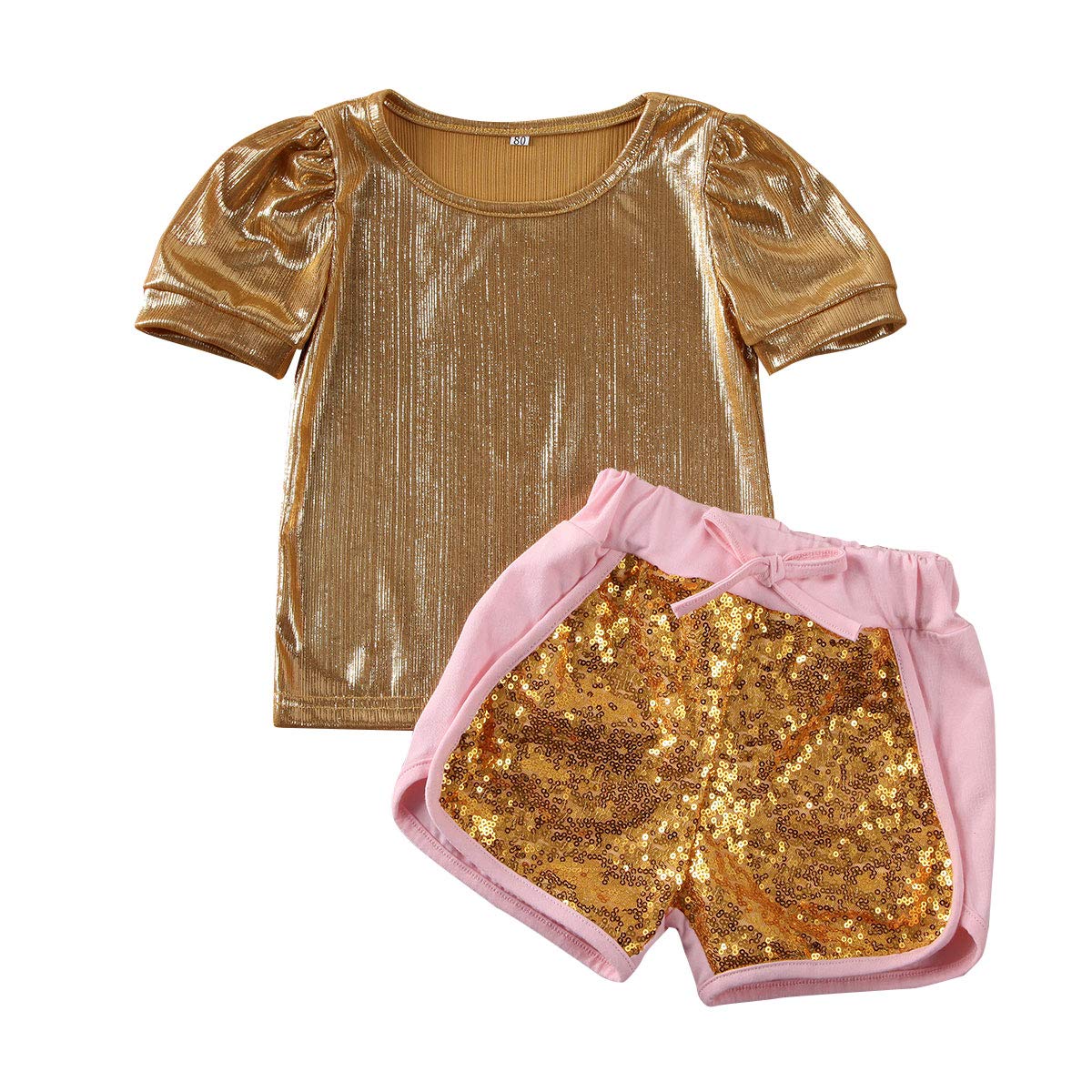 JRPONY Baby Girl Summer Outfit - 2Pcs Short Sleeve Gold Top & Blouse Set for Toddlers | Cute Casual Wear for Playdates, Beach Trips & Family Photos