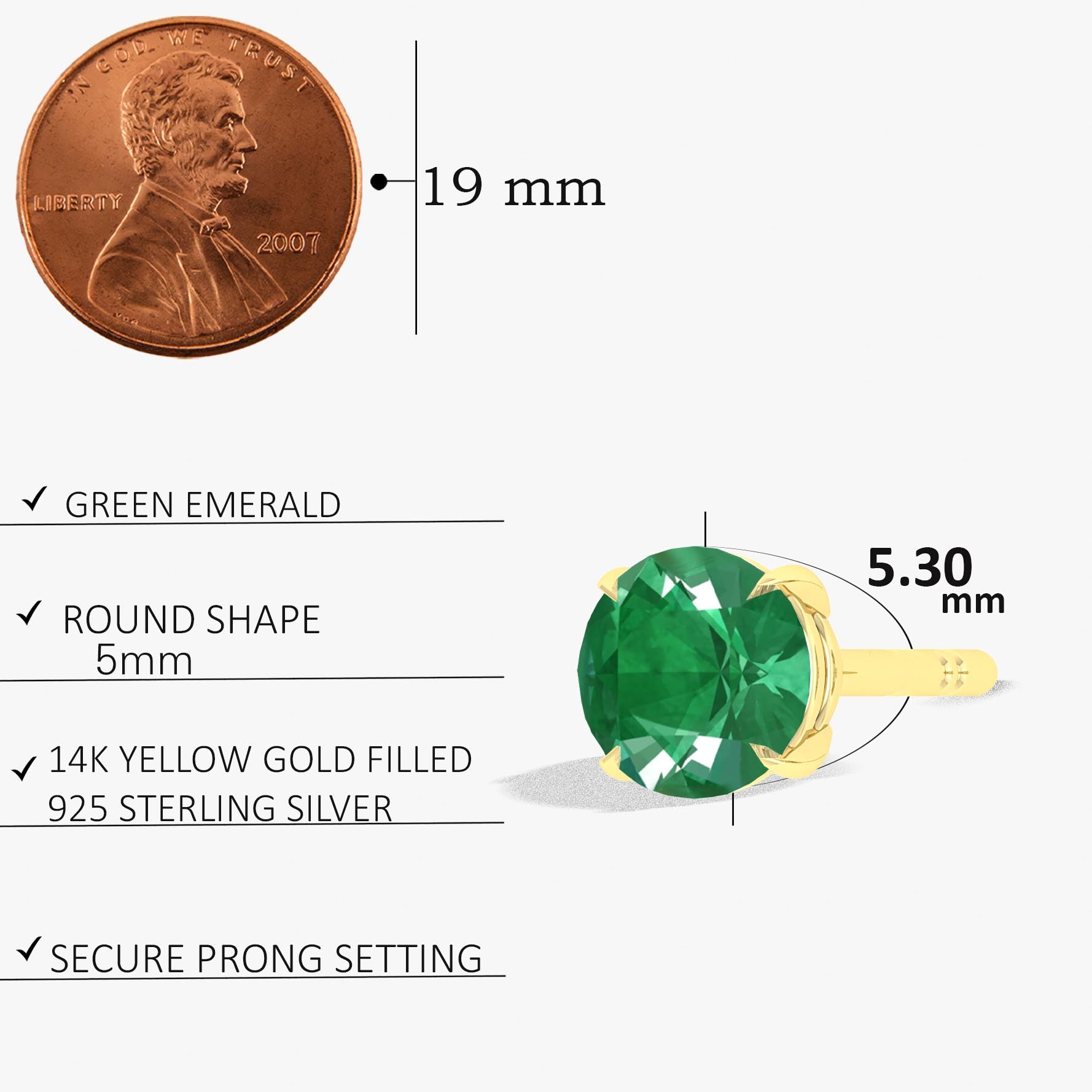 Emerald Stud Earrings for Women - Round Green Gemstone Simple Studs for Everyday Wear & Gift Giving