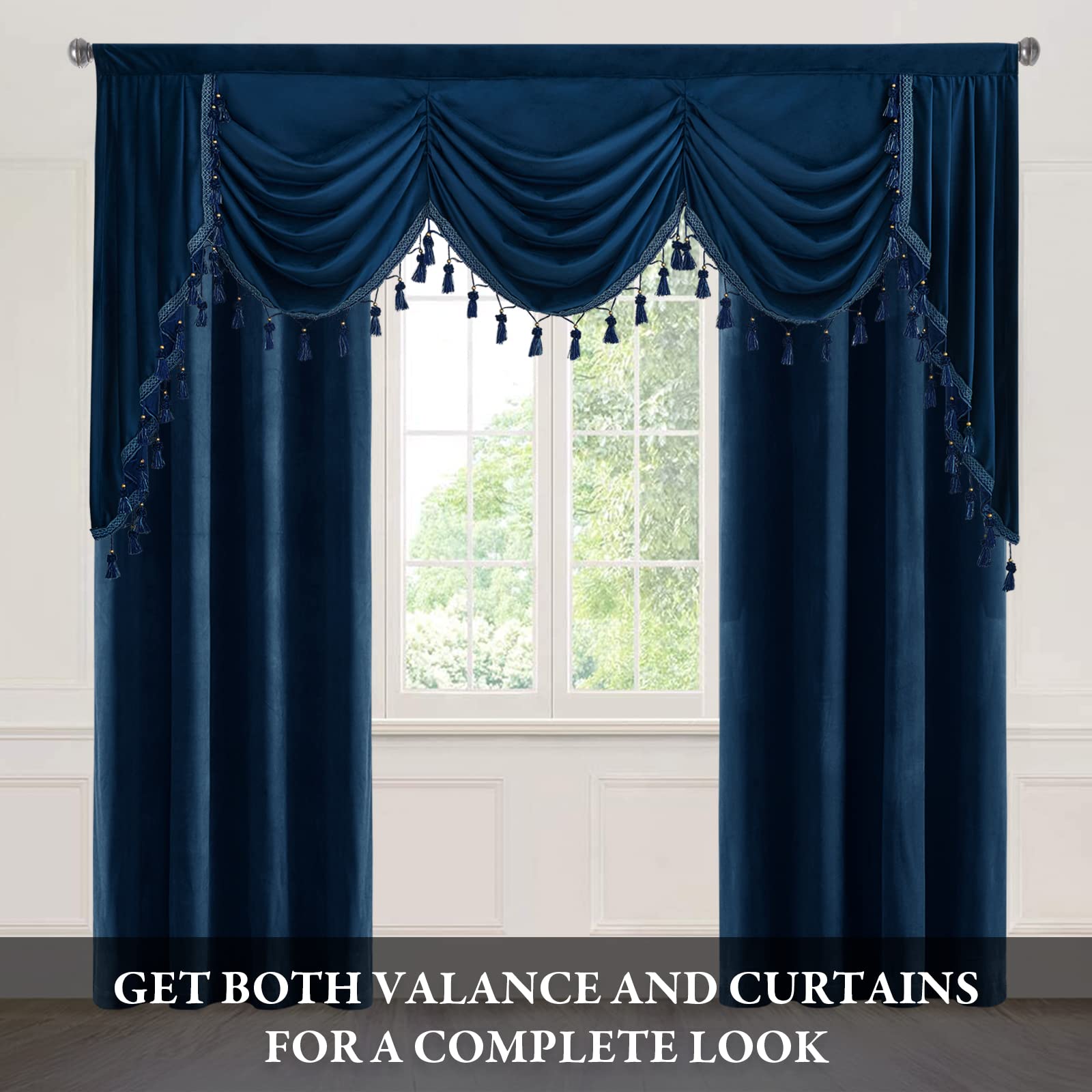 StangH Navy Blue Velvet Curtain Valances - Super Soft Blackout Waterfall Swag Valances for Kitchen & Living Room - Extra Wide Room Divider Curtains for Dining Room - 79 Inches Wide - 1 Panel - Perfect for Home Decor, Window Treatments & Room Partitioning