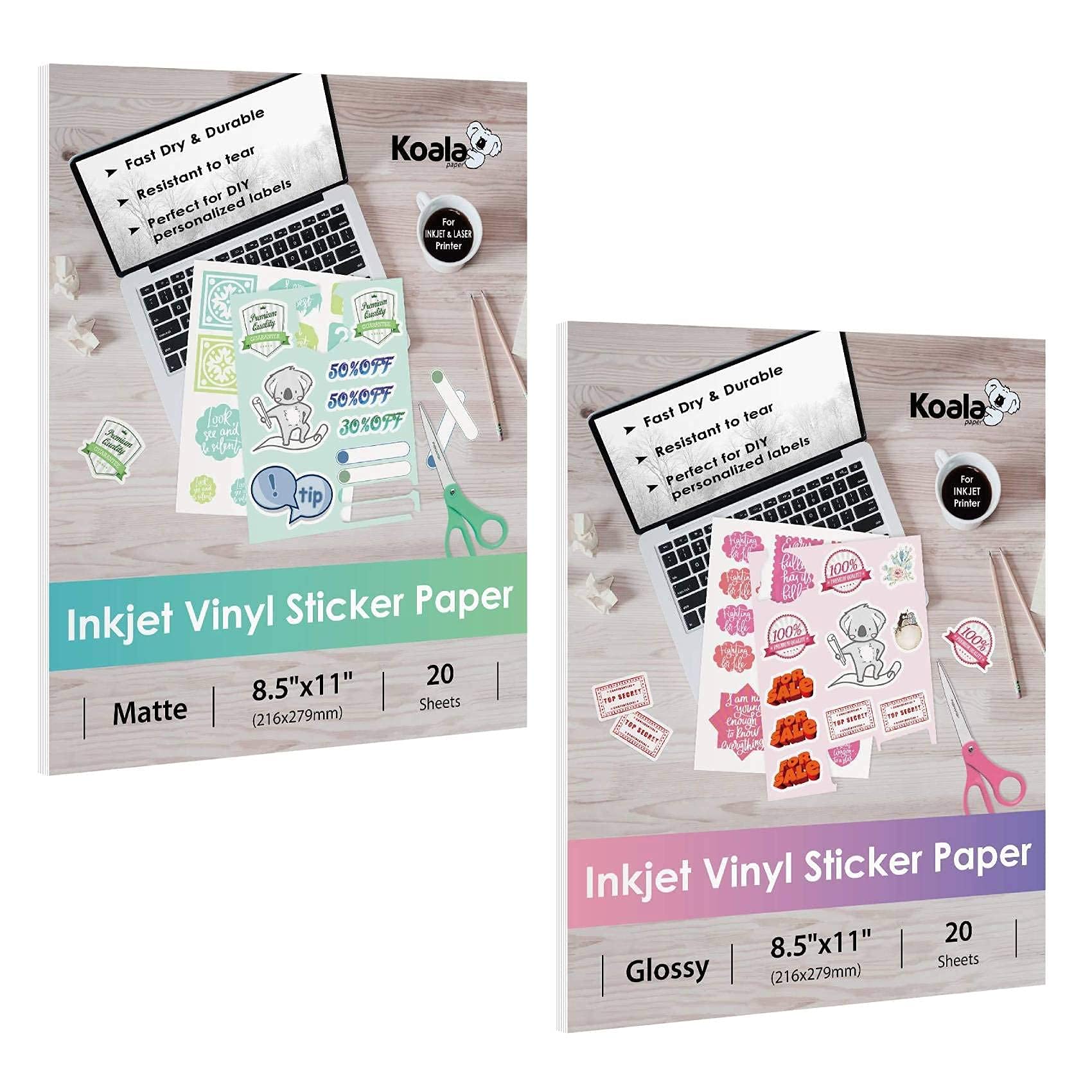 Premium Koala Printable Vinyl Sticker Paper for Inkjet Printers - Matte & Glossy White Finish - Vibrant Colors, Durable & Waterproof - DIY Crafts, Laptop Decals, Water Bottle Labels, Planner Stickers