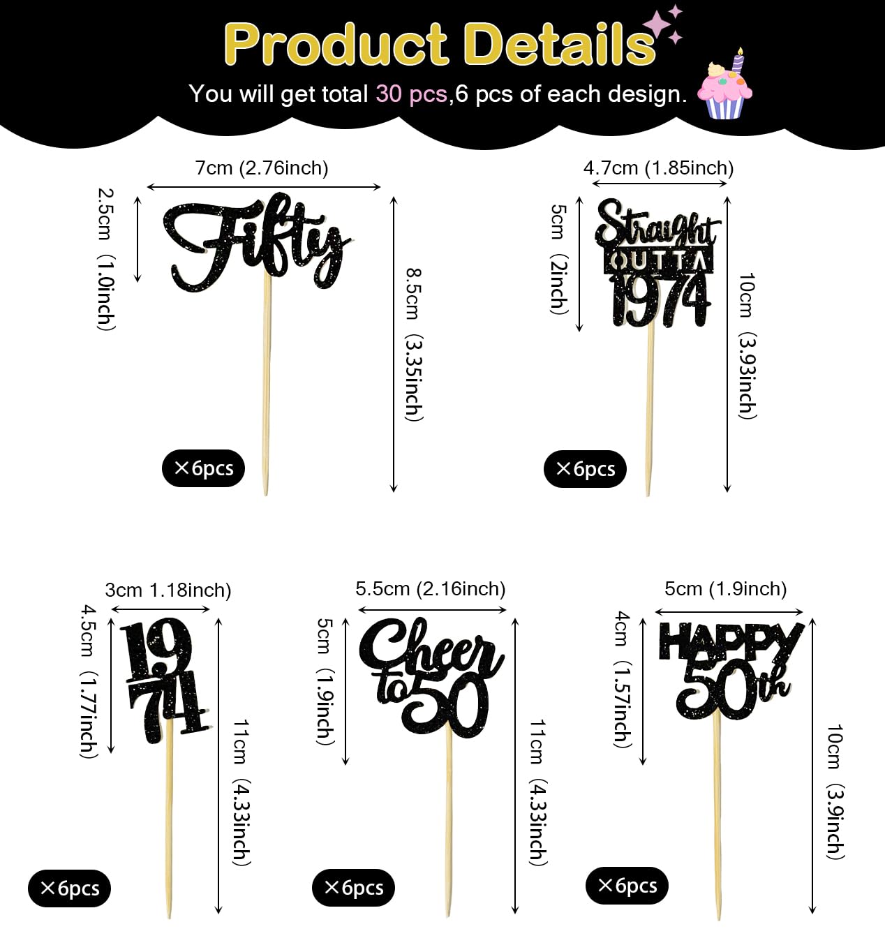 30PCS 50th Birthday Cupcake Toppers - Gold & Black 1974 Themed Party Decorations for Men & Women - Cheers to 50 Years Celebration Supplies for Anniversary Cakes, Desserts & Party Decor