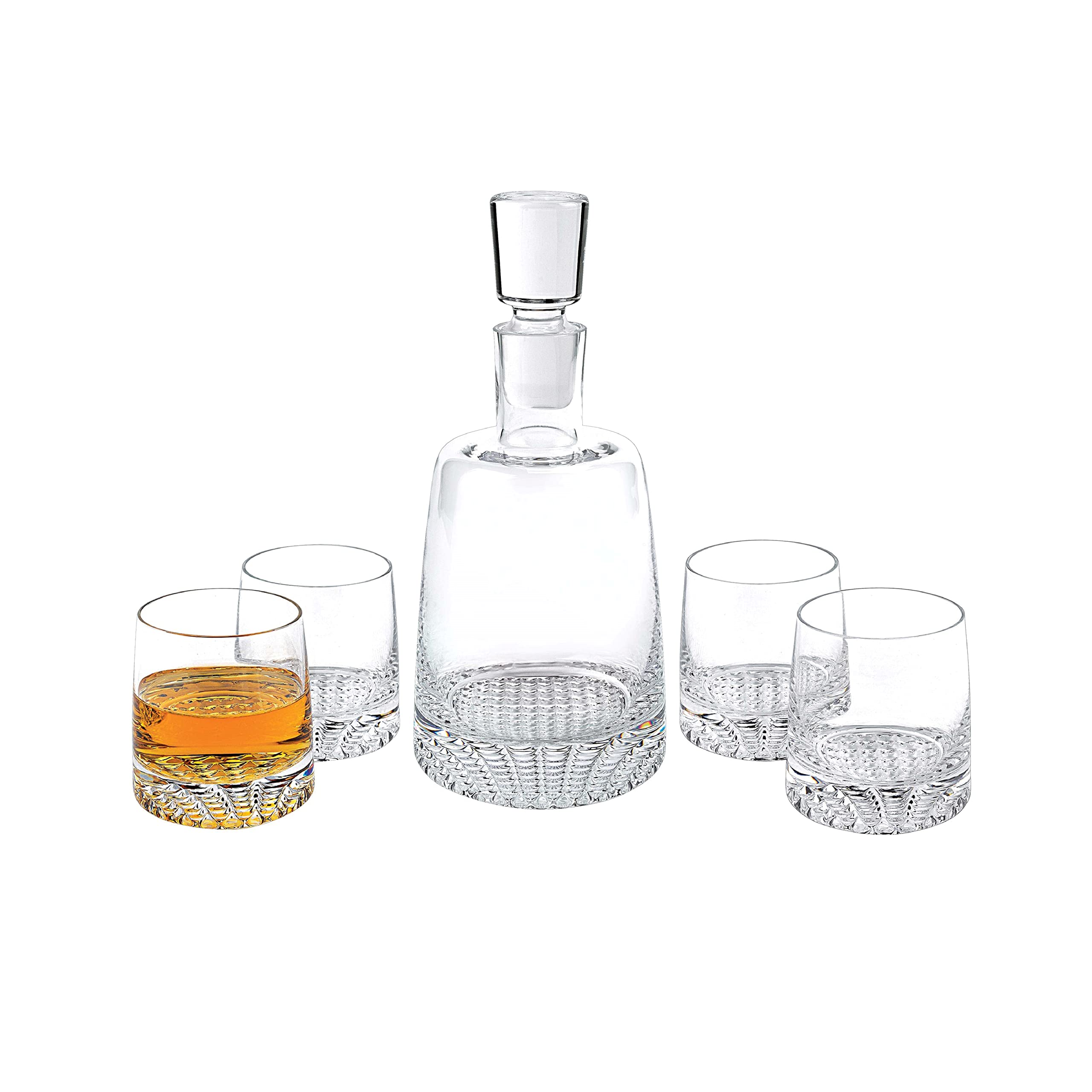 Premium Crystal Whiskey Decanter Set with 4 Lead-Free Glasses - 5-Piece Bourbon & Scotch Decanter Gift Set - Handcrafted Mouth-Blown Crystal for Home Bar, Wedding Gifts & Entertaining