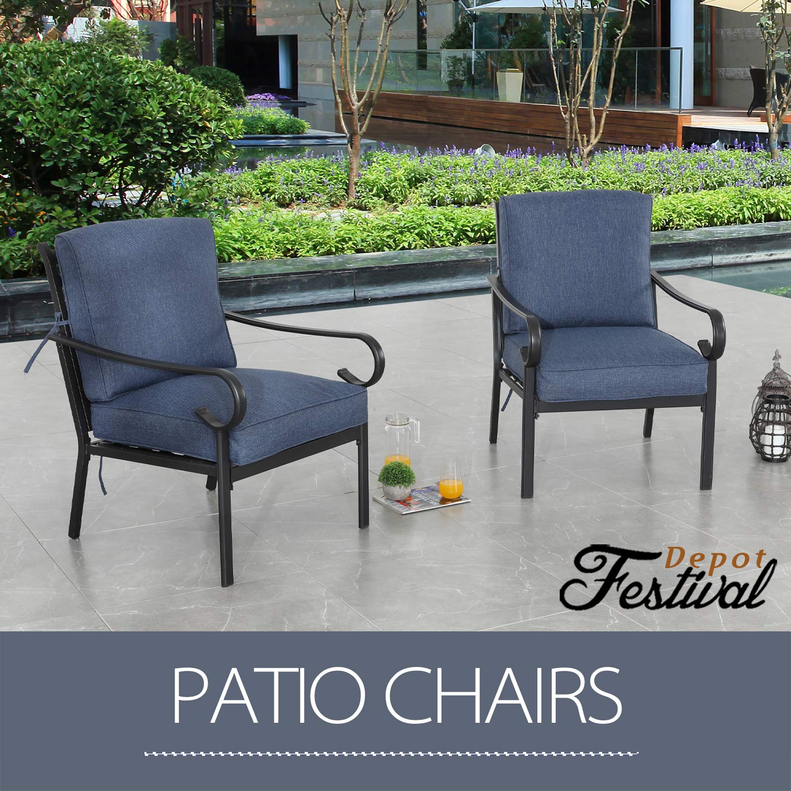 2-Piece Outdoor Patio Dining Set - All-Weather Black Metal Bistro Chairs with Blue Cushions for Deck, Garden & Backyard | Perfect for Outdoor Entertaining & Relaxation