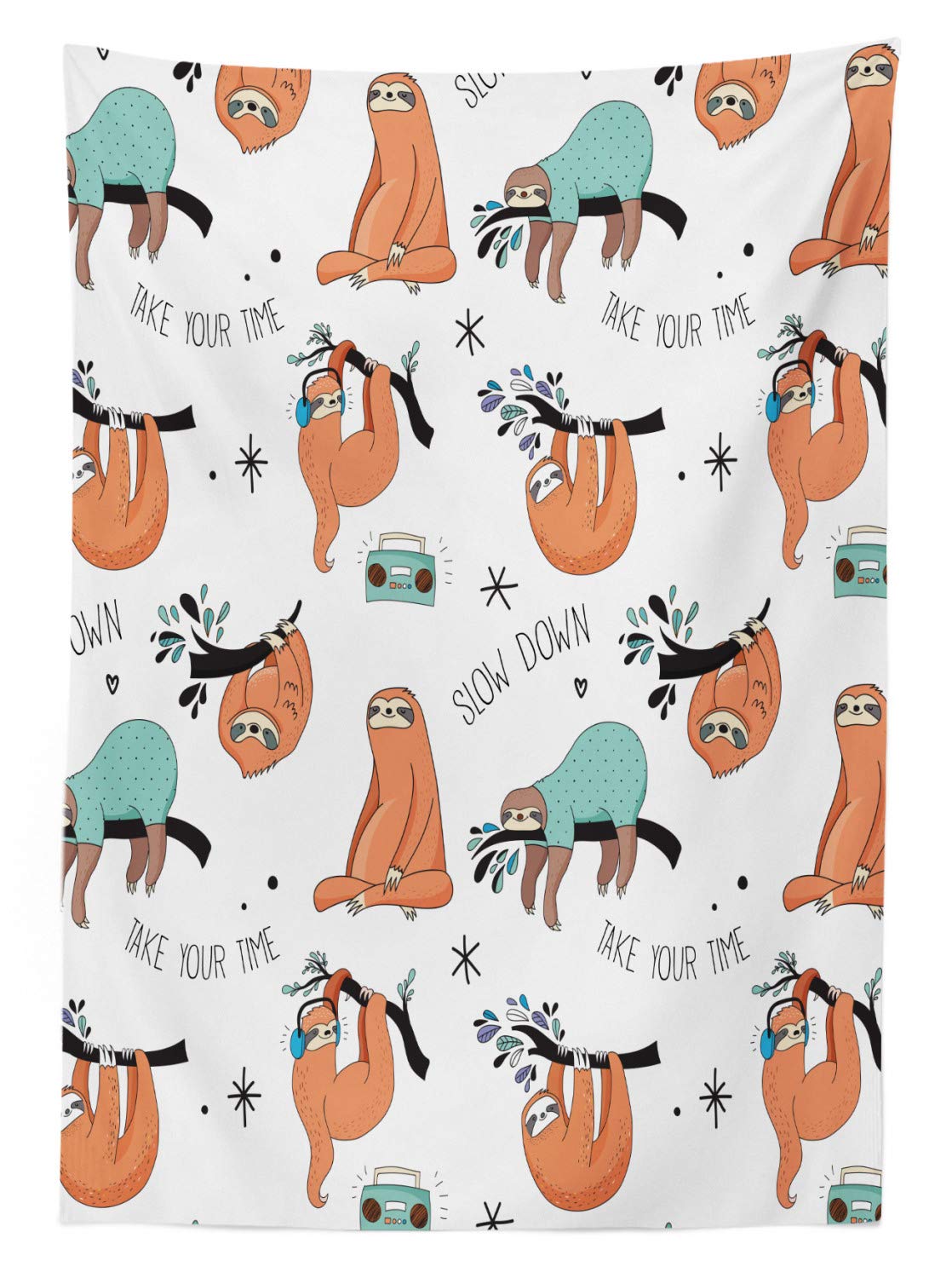 Ambesonne Sloth Print Outdoor Tablecloth - Hand Drawn Sloths on Branches with Fun Laziness Mood Words - Washable Picnic Table Cover 58
