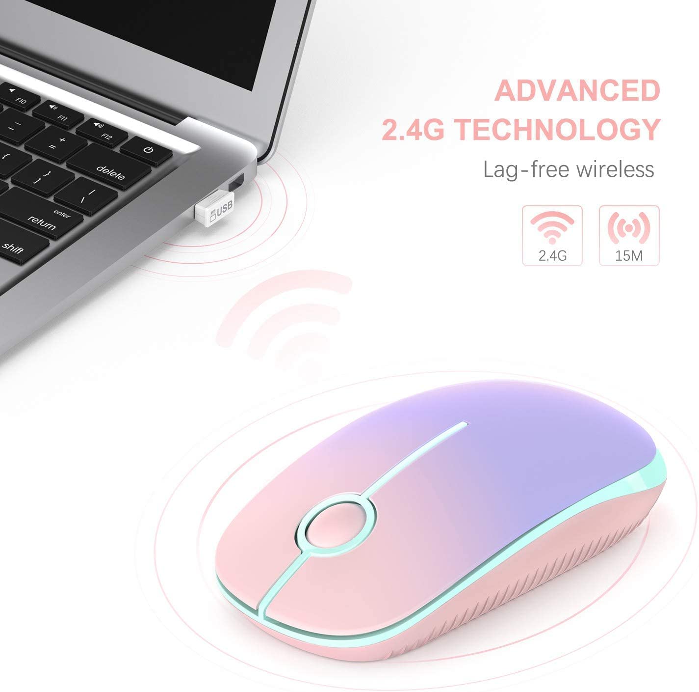 Vssoplor 2.4G Wireless Slim Mouse with Nano Receiver - Ergonomic Portable Computer Mouse for Laptop, PC, Notebook (Pink to Purple Gradient) - Perfect for Office Work, Gaming & Travel Use