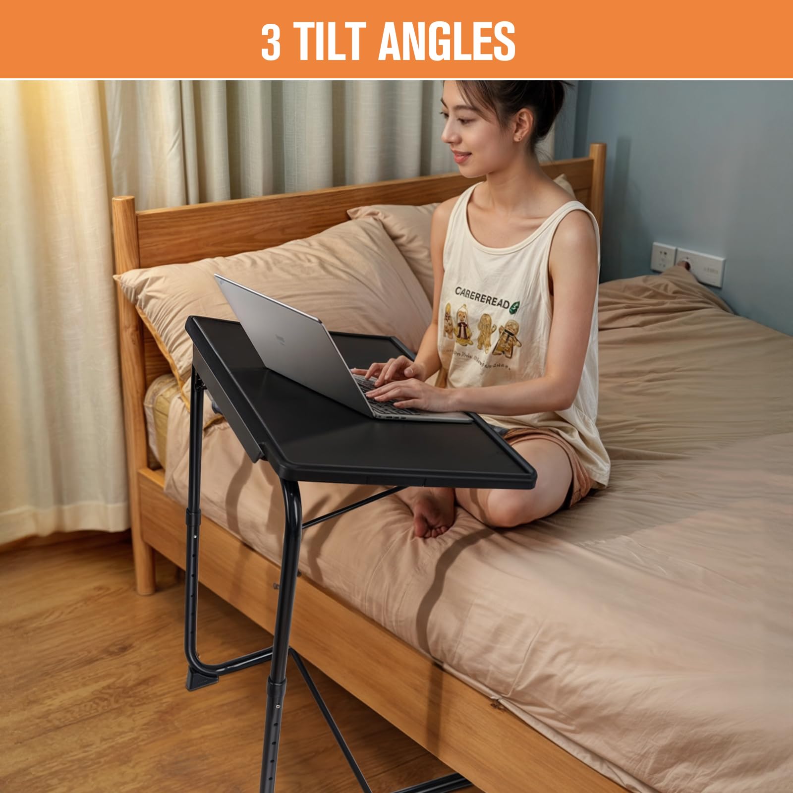 Adjustable TV Tray Table Set of 2 - 3 Angle Tilt & 6 Height Positions, Foldable Bedside Table with Cup Holder for Eating, Working, Reading in Living Room, Bedroom or Office - Perfect for Couch, Sofa & Home Use