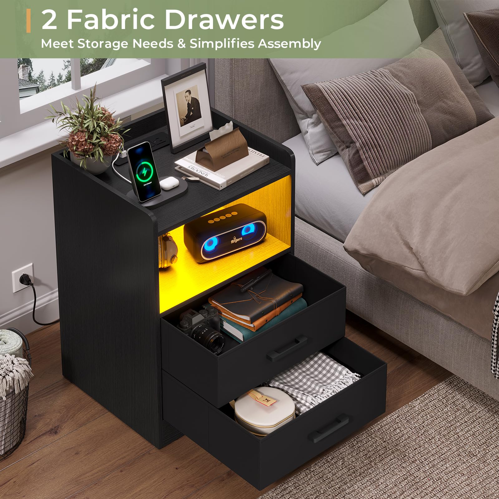 Hasuit Modern Night Stand Set of 2 with LED Lights & USB Charging Station, Black Bedside End Tables with 2 Fabric Storage Drawers for Bedroom - Perfect for Small Spaces, Apartment Living & Guest Room Decor