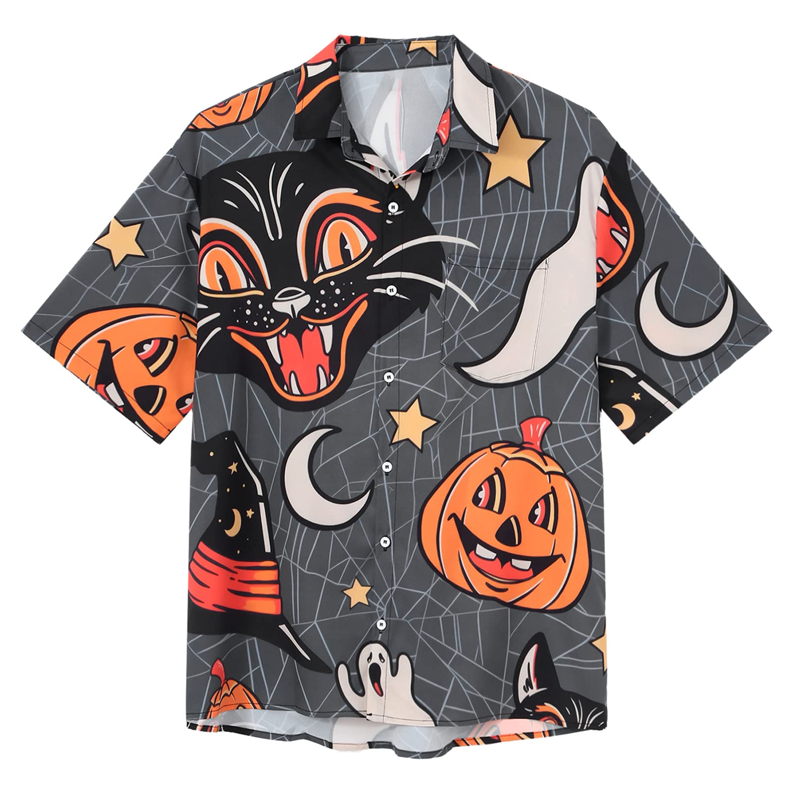 CHICTRY Men's Halloween Pumpkin Cat Print Button Down Hawaiian Shirt - Cosplay Costume, Beachwear & Casual Summer Tops for Party, Vacation and Theme Events