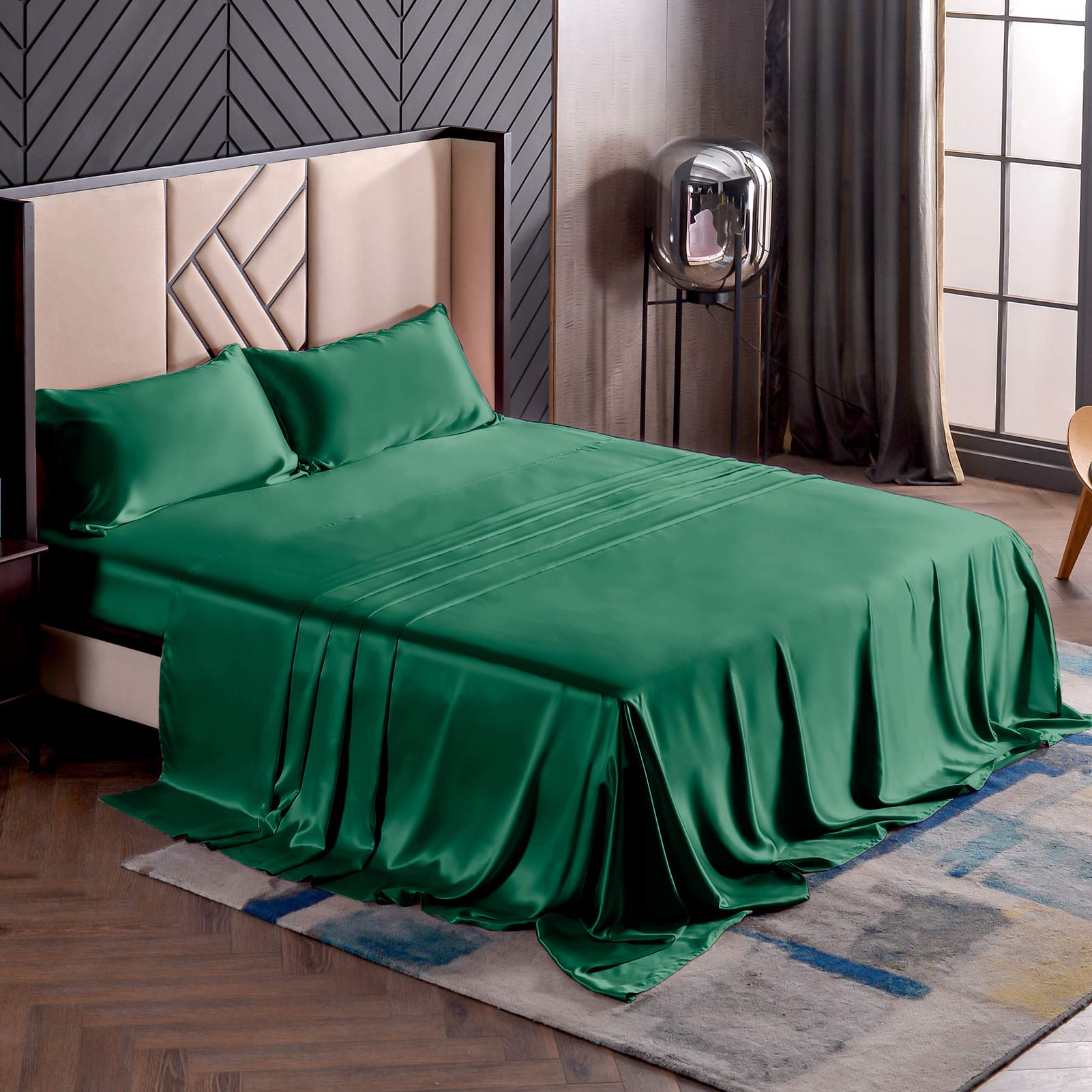 Premium 100% Mulberry Silk Bed Sheet Set - 7A+ Grade Luxury Silk Bedding (1 Flat Sheet, 1 Fitted Sheet, 2 Pillowcases) California King Size, Emerald Green - Soft, Breathable & Hypoallergenic for Ultimate Comfort & Better Sleep