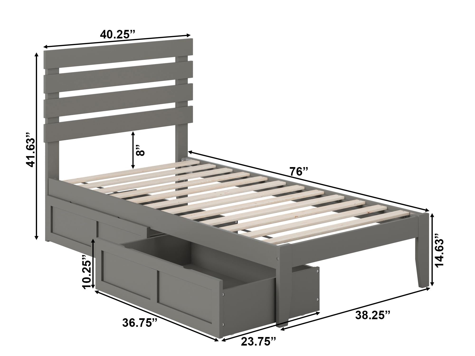 Atlantic Furniture Oxford Twin Bed with USB Turbo Charger & 2 Storage Drawers - Grey Modern Platform Bed for Small Spaces, Kids Room or Guest Bedroom