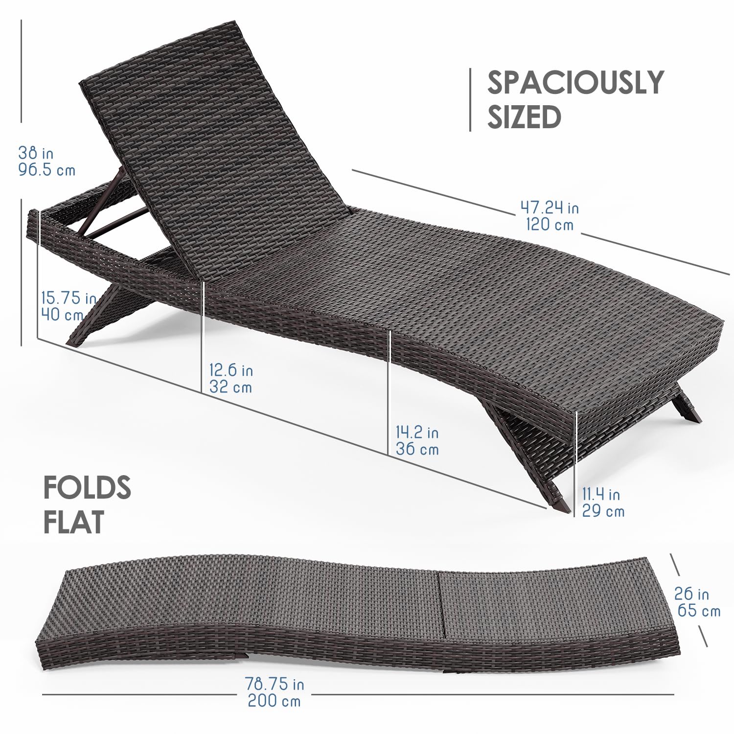 Nestl Chaise Lounge Chair Outdoor Set of 2 - Wicker Patio Lounge Chairs with Reclining Backrest - Perfect for Poolside, Garden, and Backyard Relaxation