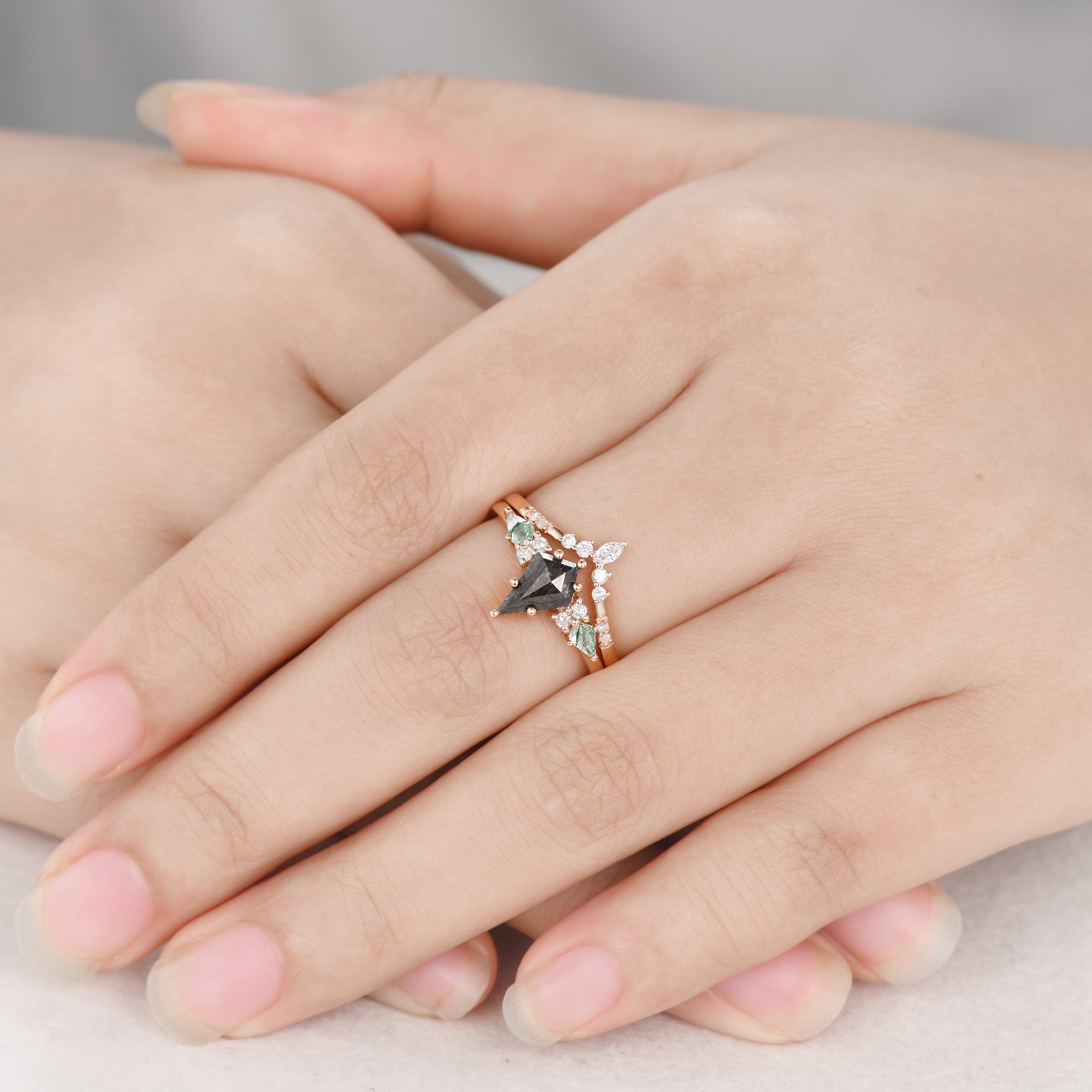 Vintage Kite-Shaped Salt and Pepper Diamond Engagement Ring with Moss Agate Cluster in Rose Gold | Unique Handcrafted Wedding Band for Brides, Promise Rings & Anniversary Gifts