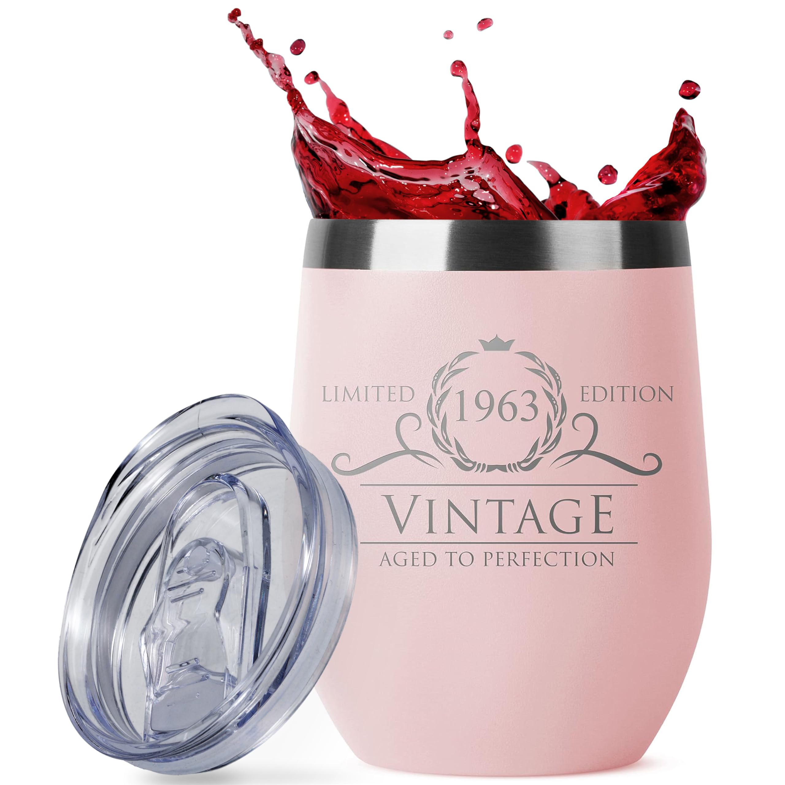 1963 Vintage 12 oz Blush Stemless Wine Tumbler - 60th Birthday Gifts for Women, Men, Dad, Grandpa - Funny & Unique 60 Year Old Birthday Present Idea - Perfect for Parties, Celebrations & Everyday Use