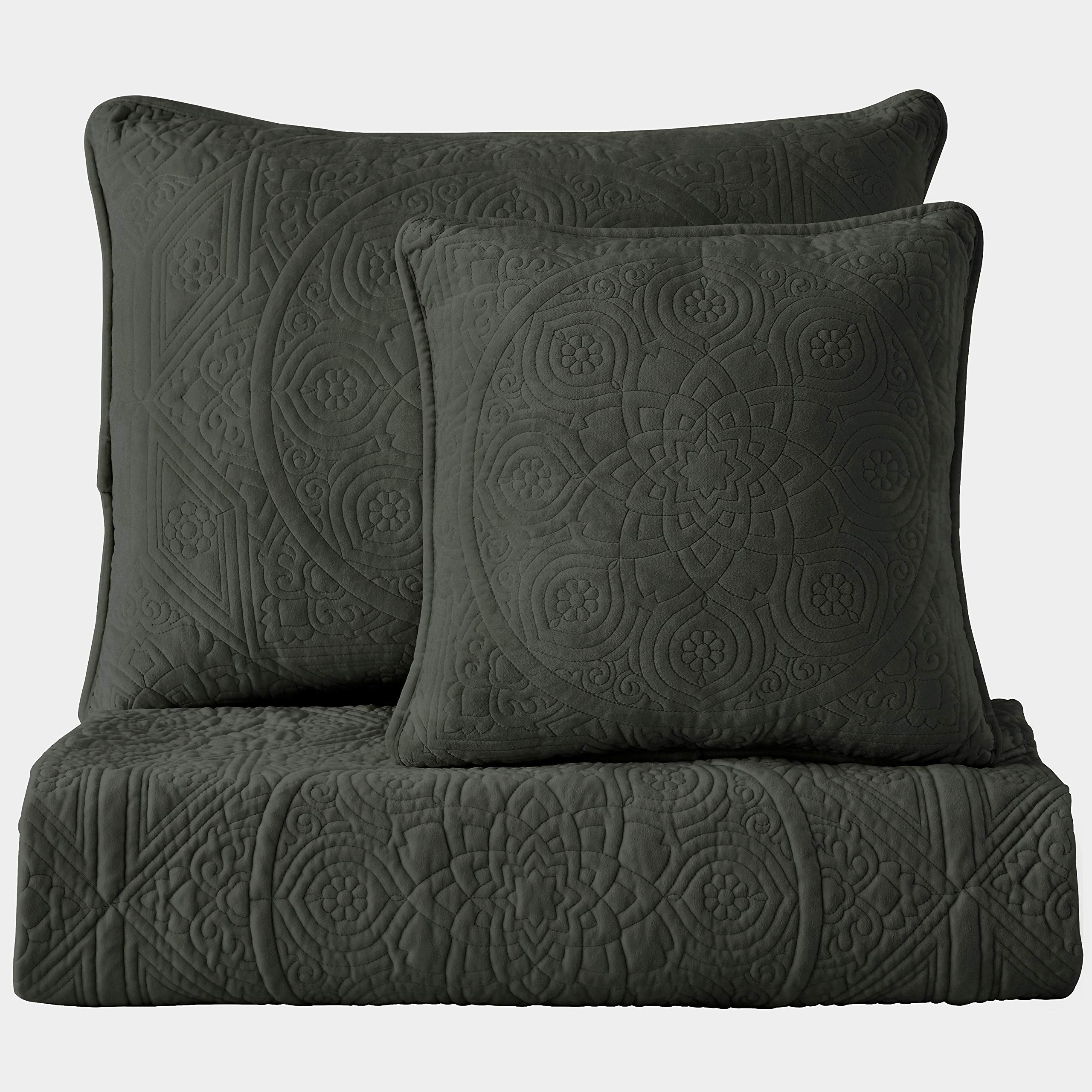 Luxury Velvet Quilt Set 7-Piece King Size - Premium Heavyweight Velvet Bedding with Cotton Backing & Batting - Dark Gray Comforter Set for Master Bedroom Elegance