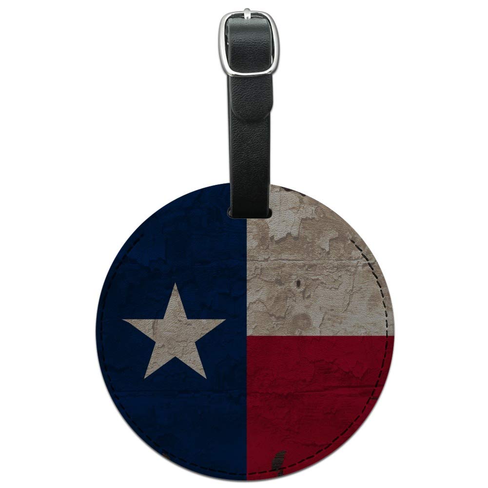 Vintage Distressed Texas State Flag Leather Luggage Tag - USA Made Round ID Card Holder for Travel Bags & Suitcases | Perfect for Travelers, Backpacks & Gift Giving