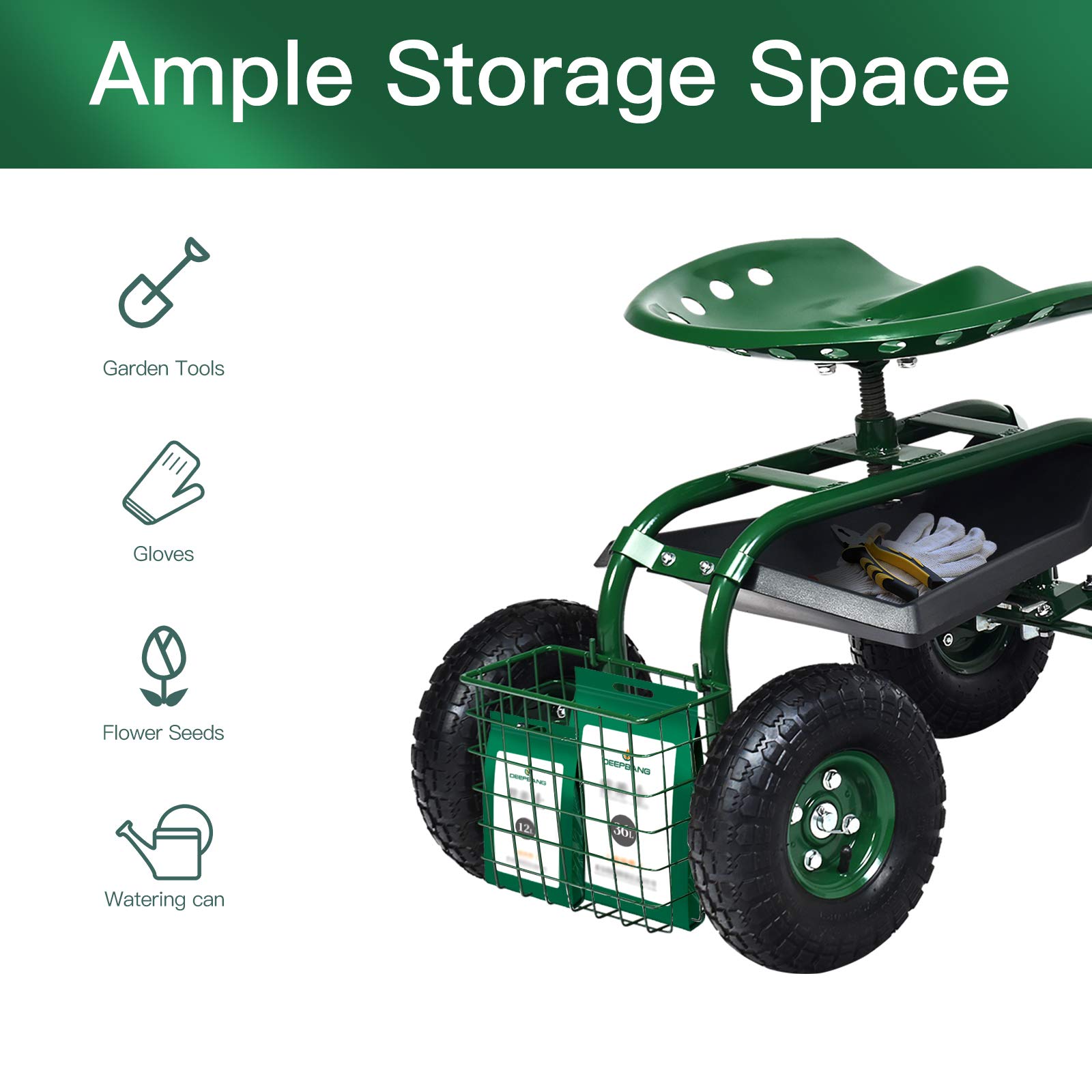 **Giantex Heavy Duty Garden Cart with Seat - Rolling Garden Stool with Wheels & Tools Basket, 360° Swivel Adjustable Height Gardening Work Seat - Outdoor Wagon Scooter for Lawn, Yard, Patio & Gardening (Green)**    *(Perfect for planting, weeding, harvesting, and outdoor relaxation - ideal for seniors and gardeners!)*