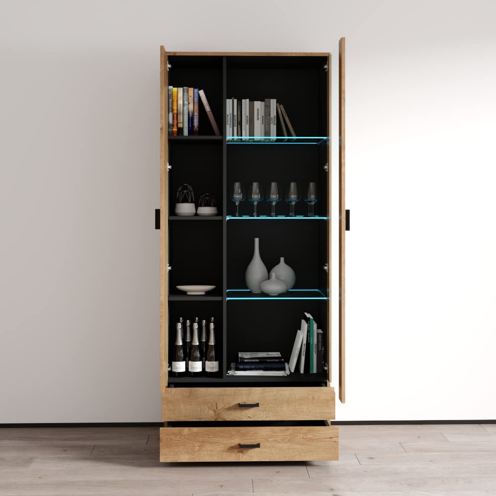 Modern Soho S6 2D2S Freestanding Bookcase - Customizable LED Light Wooden Bookshelf with Mirror Cabinet - Durable Oak Storage Shelf for Living Room, Office & Bedroom Organization