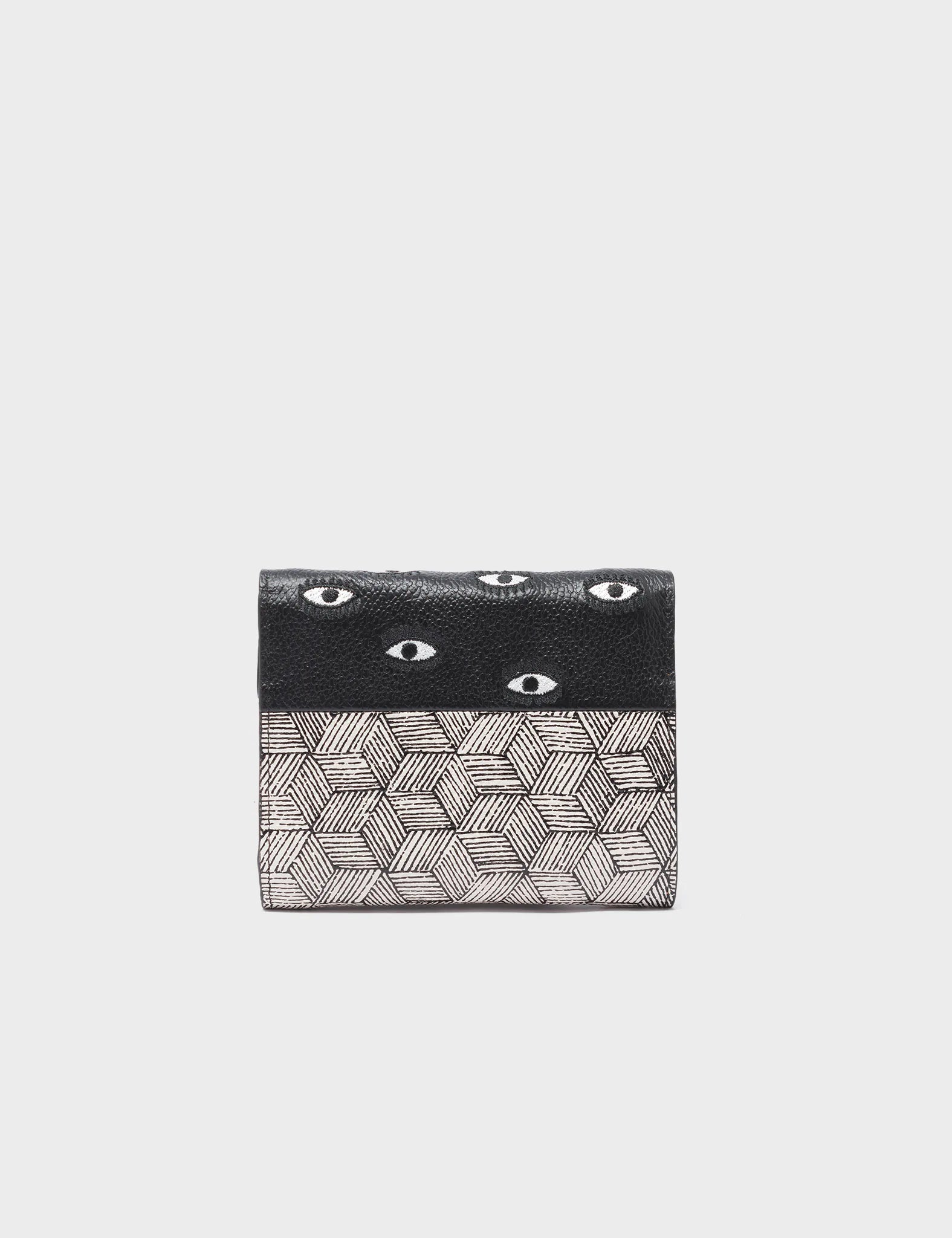 Fiona Black and Cream Leather Wallet with All Over Eyes Embroidery - Stylish and Durable Wallet for Women, Perfect for Everyday Use, Travel, and Gift Giving