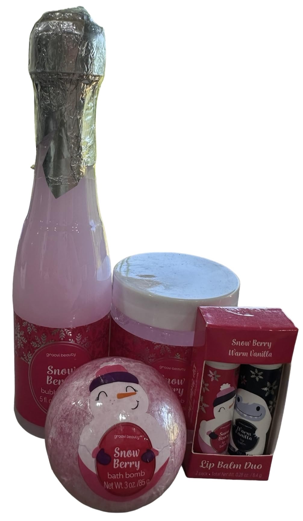 Groovy 4-Piece Bath & Body Self Care Gift Set - Snow Berry Scented Bubble Bath, Exfoliating Body Scrub, Moisturizing Lip Balm Duo & Relaxing Bath Bomb | Spa Day at Home, Pampering Gift for Her, Birthday & Anniversary Present