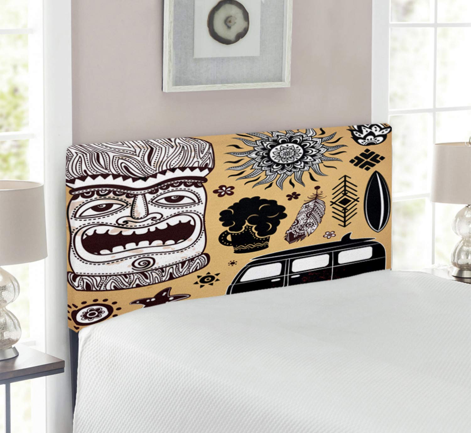 Vintage Hawaii Headboard - Retro Surfing Board & Starfish Design, Upholstered Metal Bed Frame with Memory Foam, Twin Size (Pale Brown/Black/White) - Perfect for Beach House, Boho Bedroom & Surf-Themed Decor