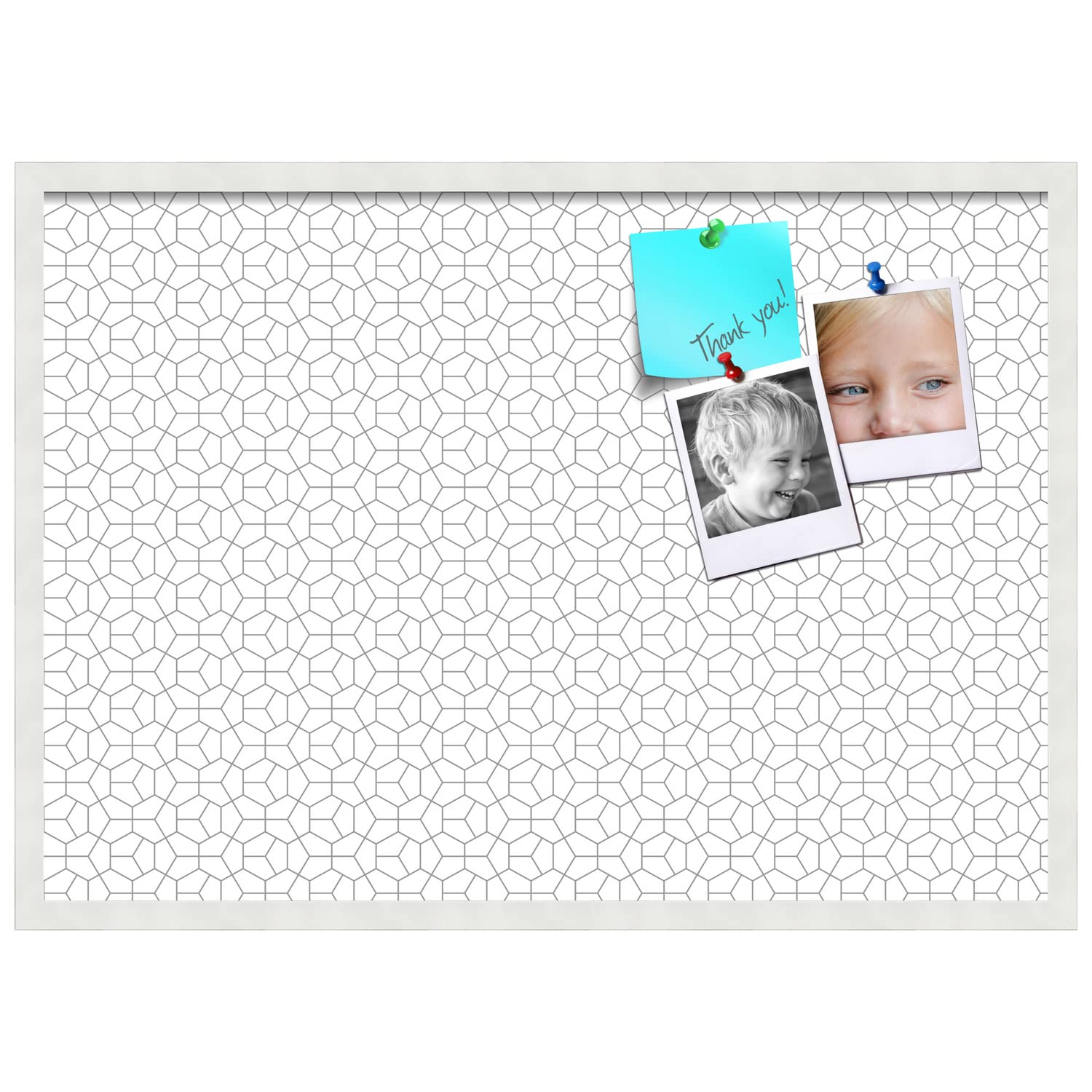PinPix 34x24 Inch Cork Bulletin Board with Modern Hex Grey Design & Satin White Frame - Stylish Wall Organizer for Home Office Decor, School Classroom, Dorm Room, or Workspace (PinPix-1538)