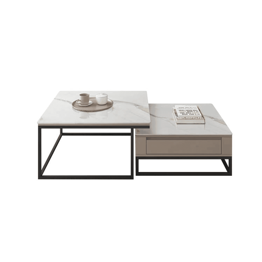 Esmeray Glossy Sintered Stone Square Nesting Coffee Table Set - Modern Minimalist Living Room Furniture for Small Spaces, Home Decor, Office & Lounge Use