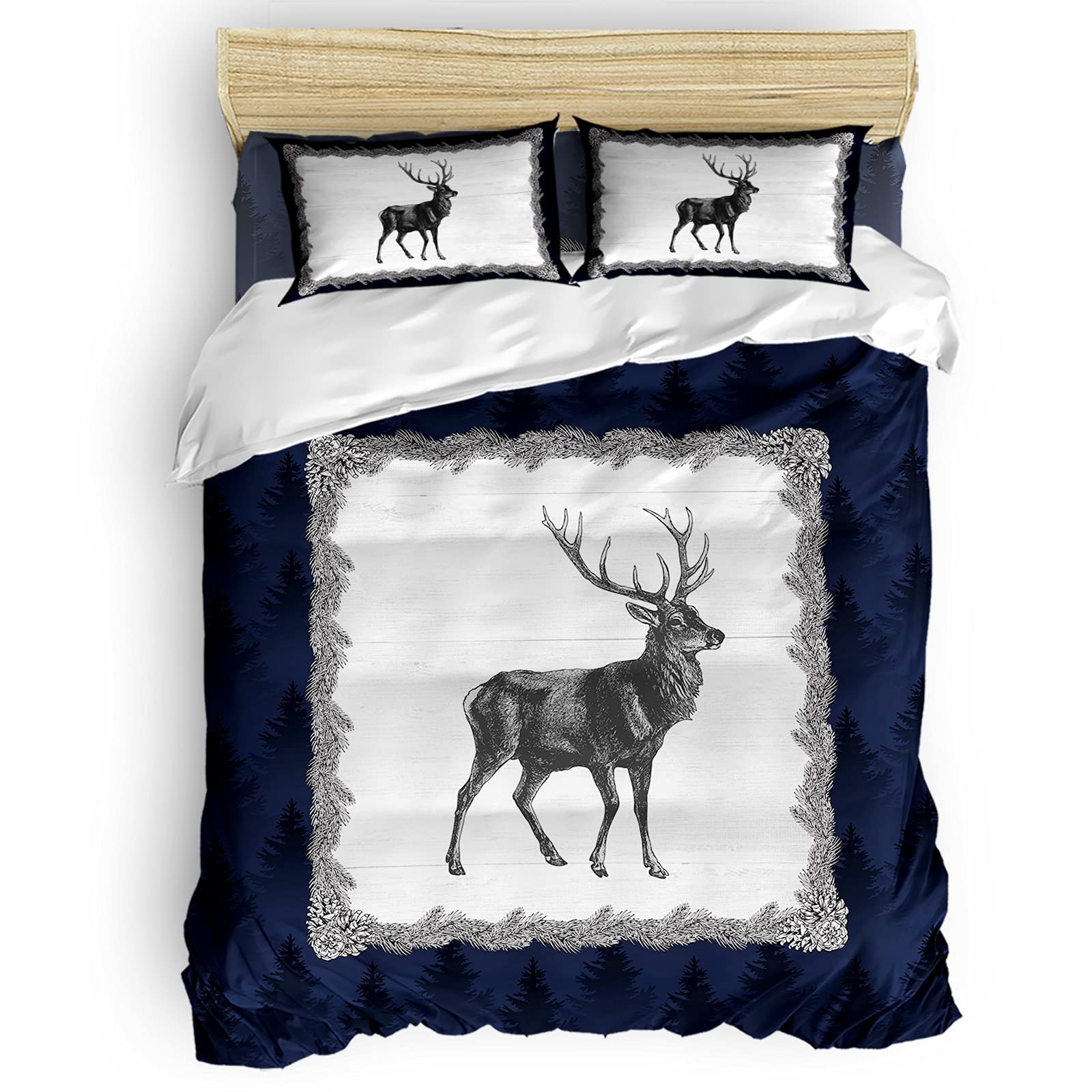 California King 4-Piece Bed Set - Black & White Pine Deer Berry Forest Tree Pattern Comforter Cover with 2 Pillowcases for Boys/Girls Bedroom Decor - Cozy & Stylish Home Textile for Master Bedroom, Guest Room or Dorm