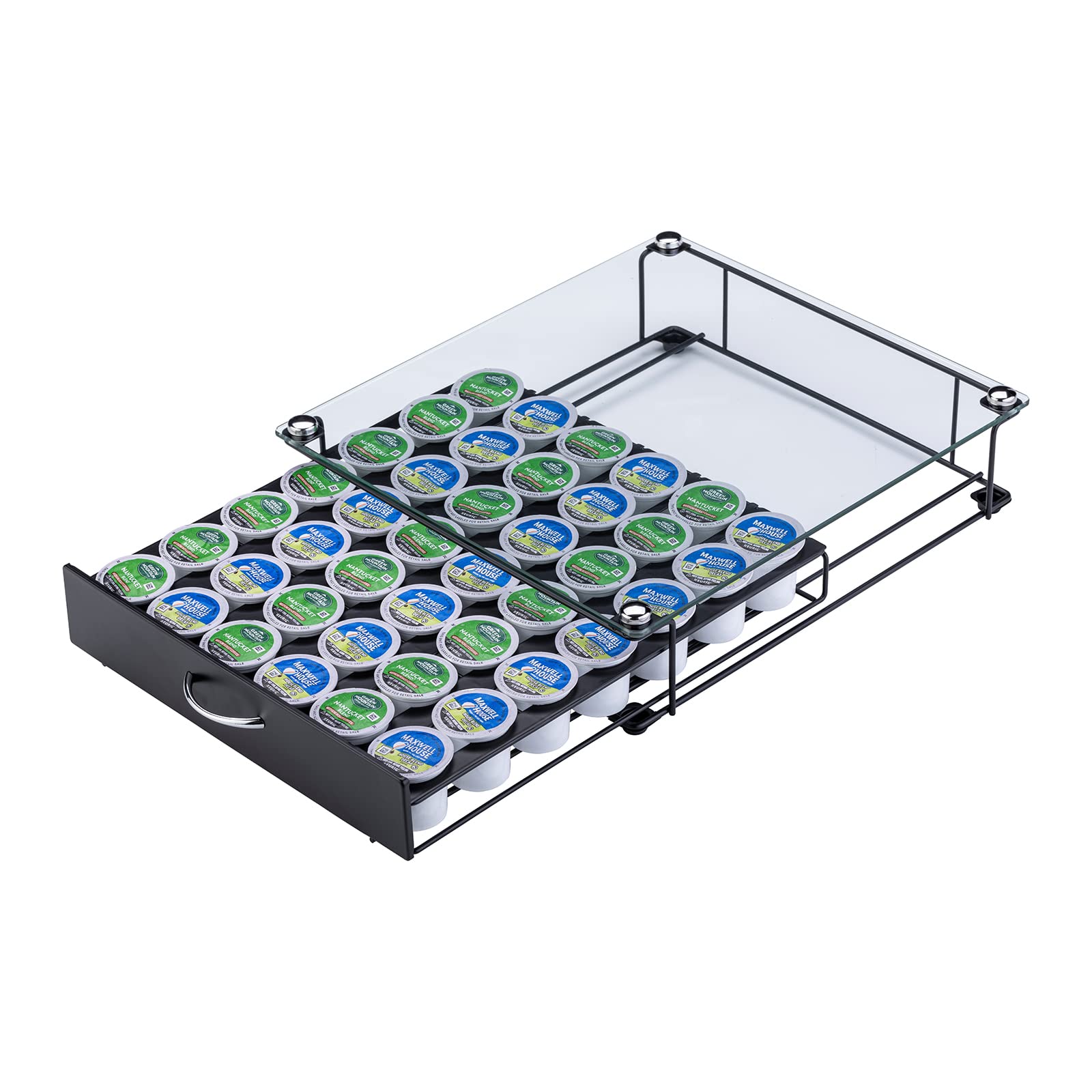 Keurig K-Cup Holder - Glass Top Drawer Organizer for 42 Coffee Pods | Black Coffee Capsule Storage Display | Perfect for Kitchen Countertops & Office Coffee Stations