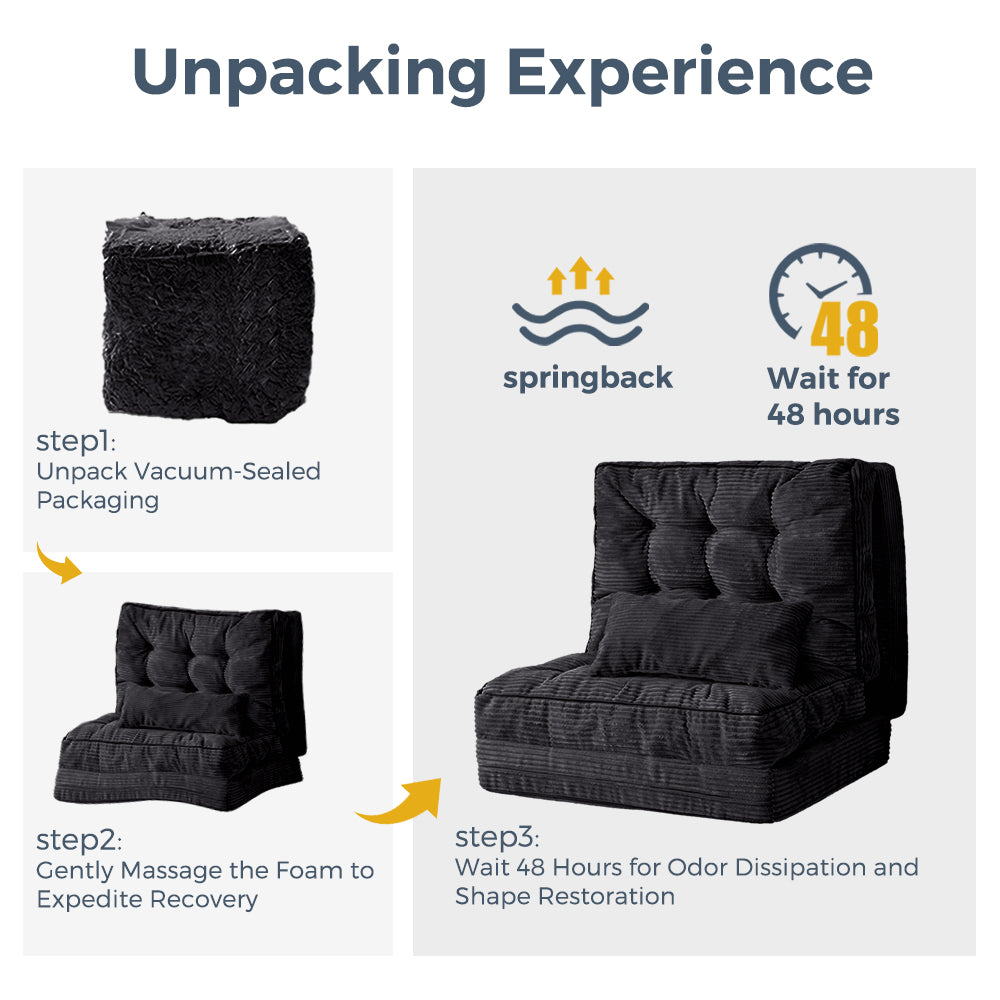 MAXYOYO Tufted Foldable Bean Bag Sofa Bed with Pillows - Black Floor Couch for Living Room, Bedroom & Dorm | Comfortable Lounge Chair for Relaxing, Reading & Gaming