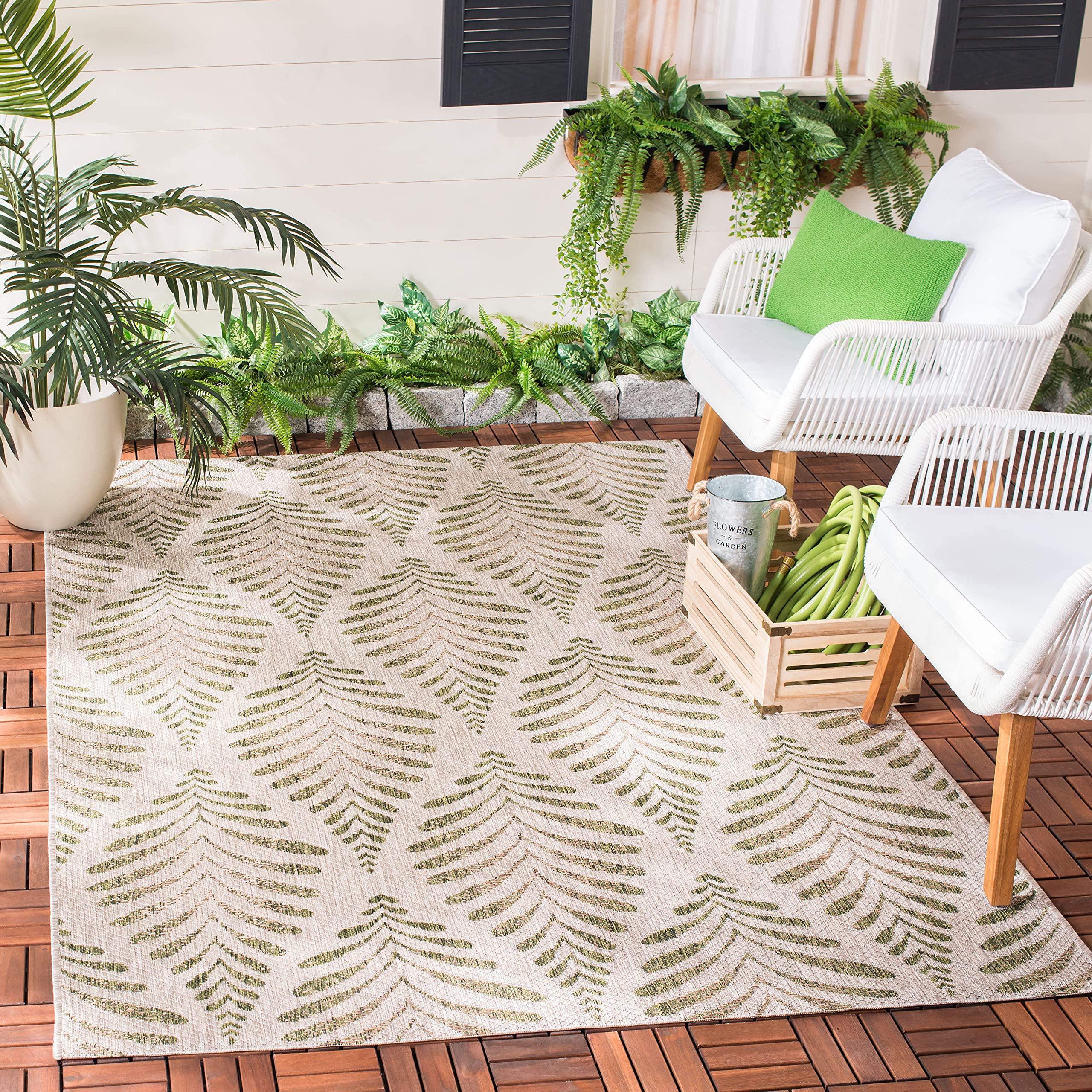 SAFAVIEH Courtyard Collection 8' x 11' Beige & Green Indoor Outdoor Rug - Waterproof, Easy to Clean, Non-Slip Backing - Perfect for Patio, Backyard, Mudroom, Deck & High-Traffic Areas