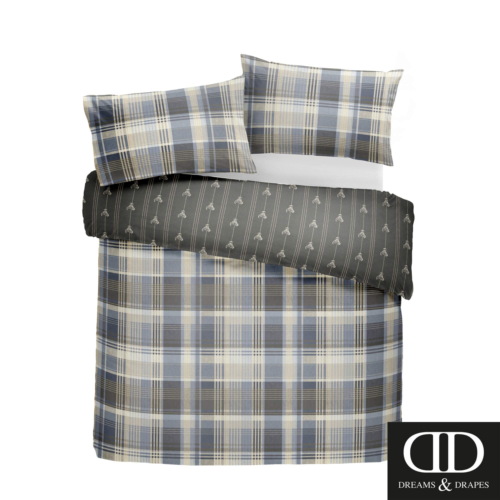 DREAMS AND DRAPES Connolly Check Reversible 100% Cotton Flannel Duvet Cover Set - Charcoal Grey - UK King Size - Soft & Breathable Bedding for Cozy Winter Nights