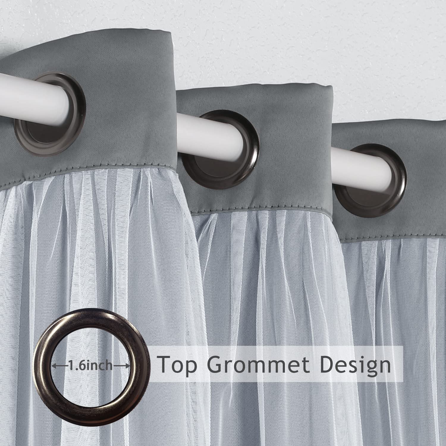 BONZER White Sheer Tulle Overlay Blackout Curtains with Grommet Top - 52x63 Inch Set of 2 Panels - Light Filtering & Room Darkening for Bedroom, Living Room & Nursery - Cloud Grey