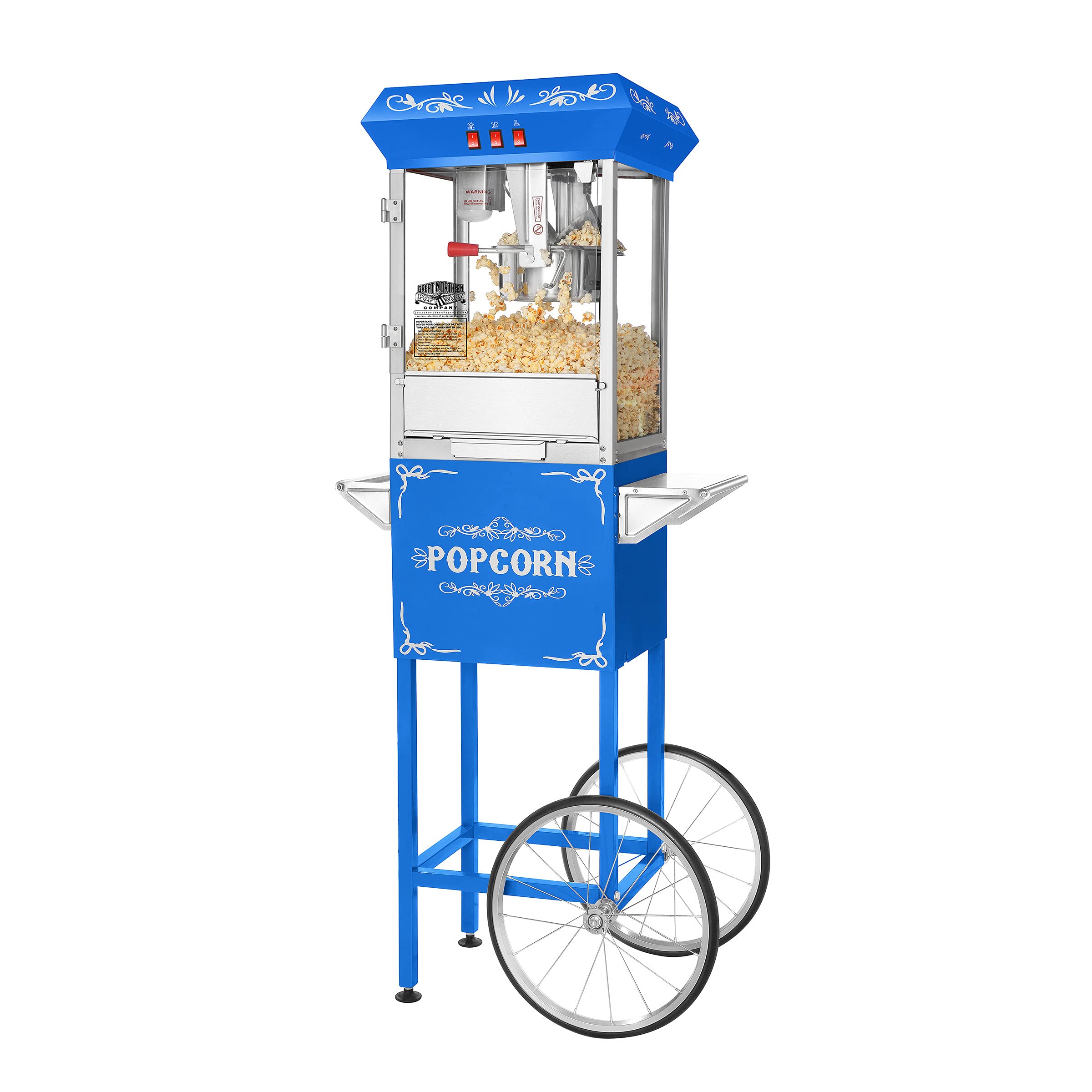 Great Northern Popcorn 8oz Commercial Popcorn Machine with Cart - Stainless Steel Kettle, Warming Light & Accessories for Movie Nights, Parties & Concessions (Blue)