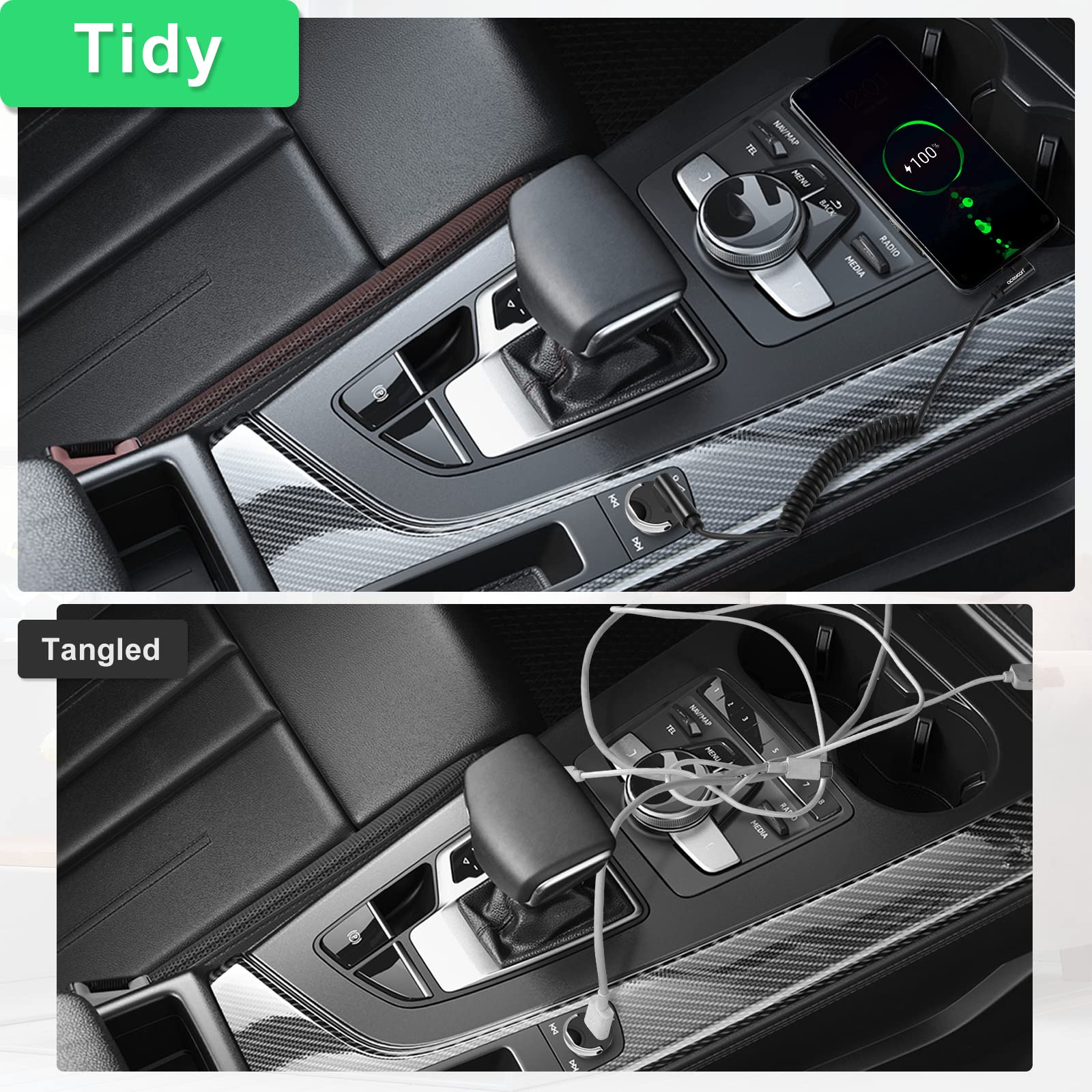 Aceyoon 90 Degree Right Angle USB to USB C Cable - 60W Fast Charging QC 3.0 (1-2.5ft) Short Coiled Android Auto Charger - Perfect for Car, Home & Office Charging