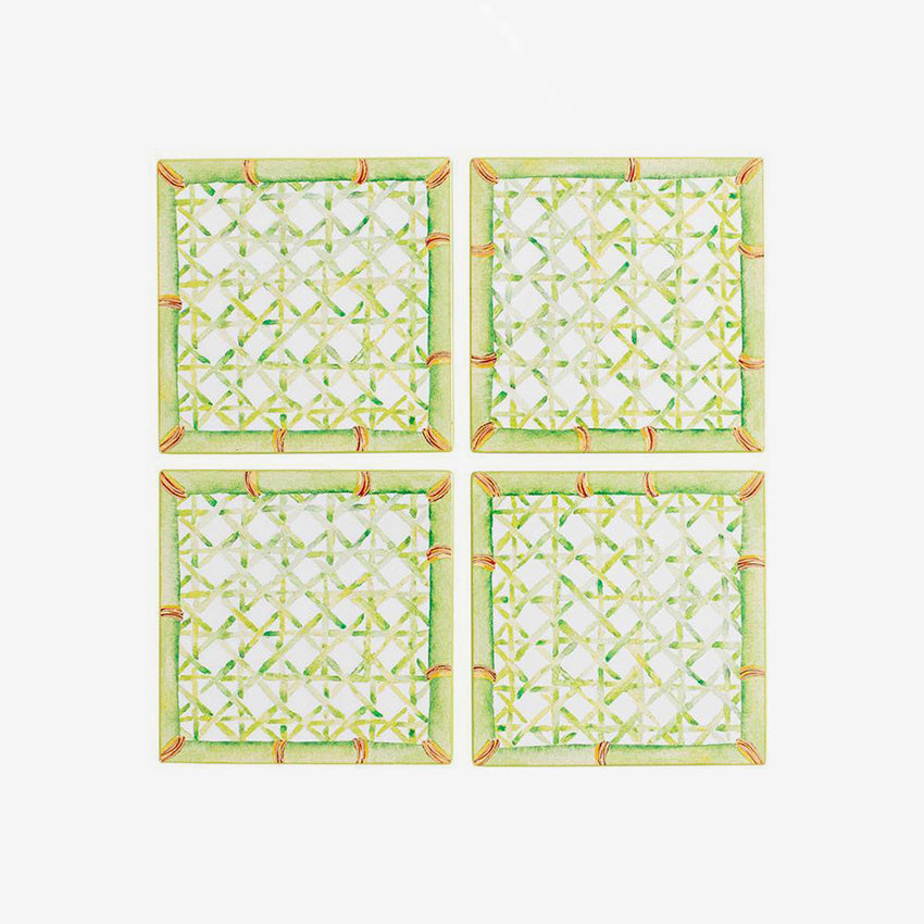 Caspari Set of 4 Trellis Green Lacquer Coasters - Elegant Drink Coasters for Home Bar, Coffee Table & Dining Table Protection