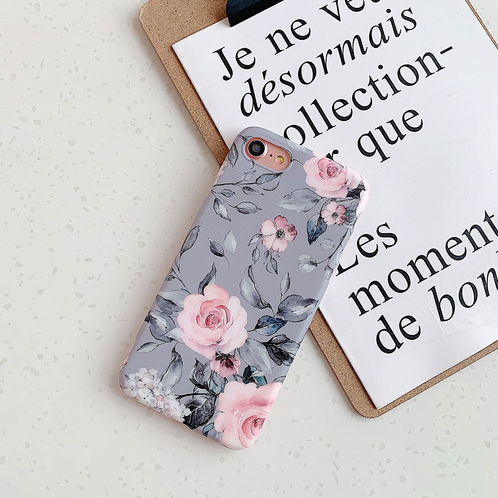 YeLoveHaw iPhone SE 2020/8/7 Case - Floral Purple Gray Leaves Design, Slim Soft Flexible Protective Cover for Women & Girls | Perfect for Daily Use, Work, School & Travel (Pink Flowers Pattern)