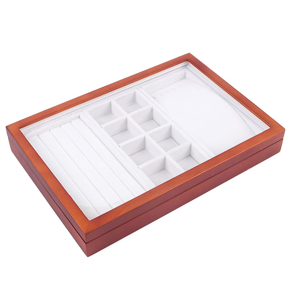**Wooden Jewelry Box Organizer for Women & Girls - 1 Layer Jewelry Display Case with Clear Glass Top - Travel Jewelry Organizer for Rings, Necklaces, Earrings - Perfect for Home, Travel & Gift Giving**