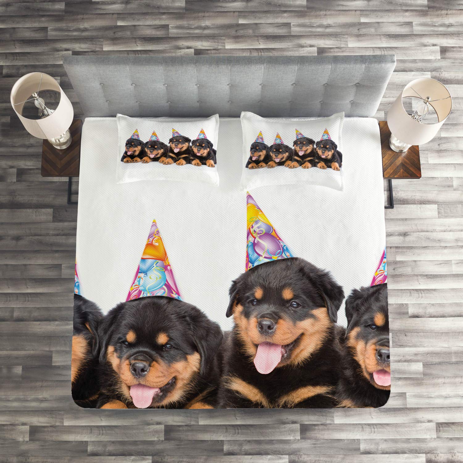 Ambesonne King Size 3-Piece Quilted Bedspread Set with 2 Pillow Shams - Rottweiler Puppies Birthday Party Art Print in Marigold & Black - Perfect for Dog Lovers' Bedroom Decor, Gift for Pet Owners, Cozy Home Accent
