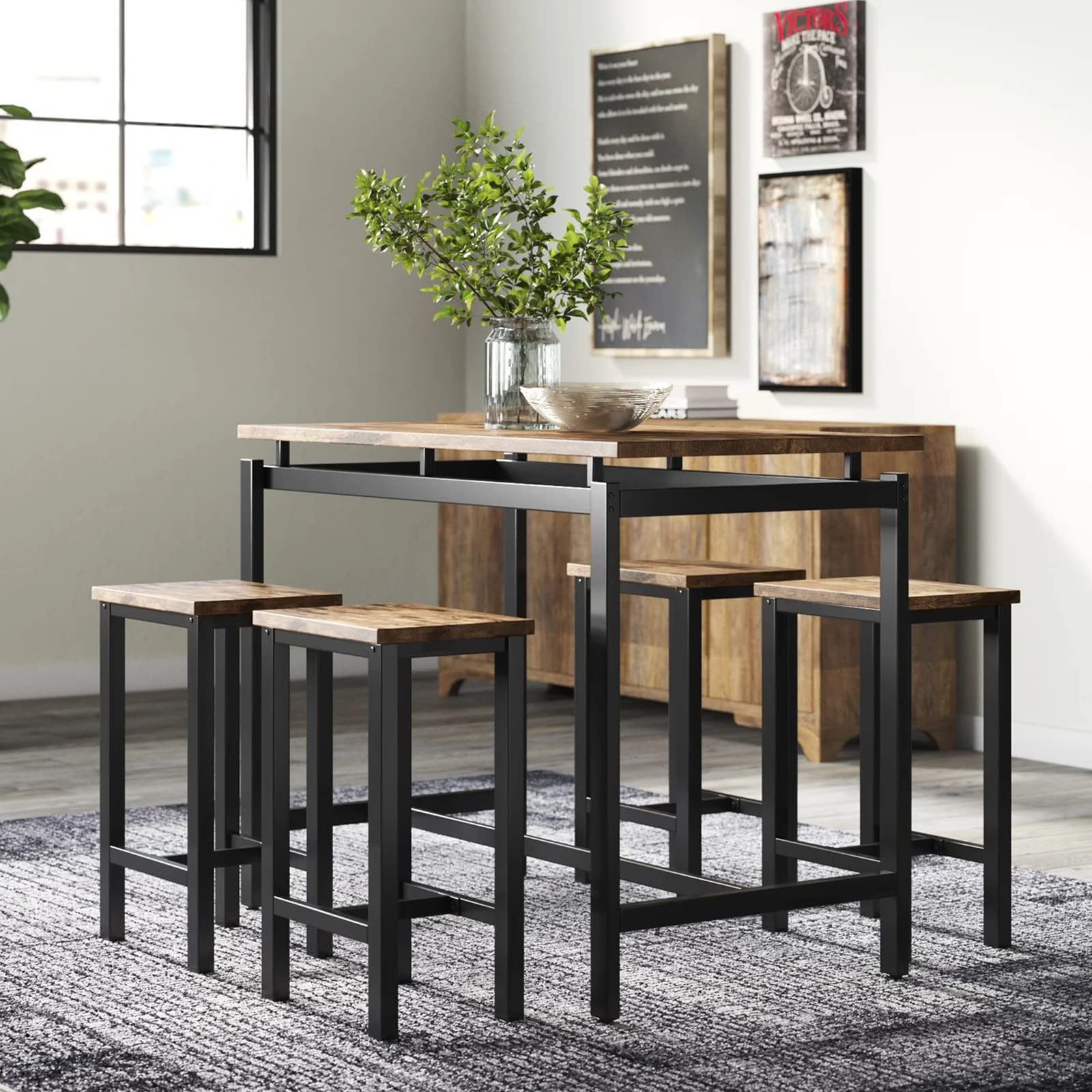 Modern 5-Piece Industrial Bar Height Dining Table Set for 4 - Kitchen & Pub Table with 4 Chairs - Perfect for Small Spaces, Breakfast Nooks & Compact Apartments - Durable Metal Frame & Wooden Tabletop for Casual Dining & Entertaining