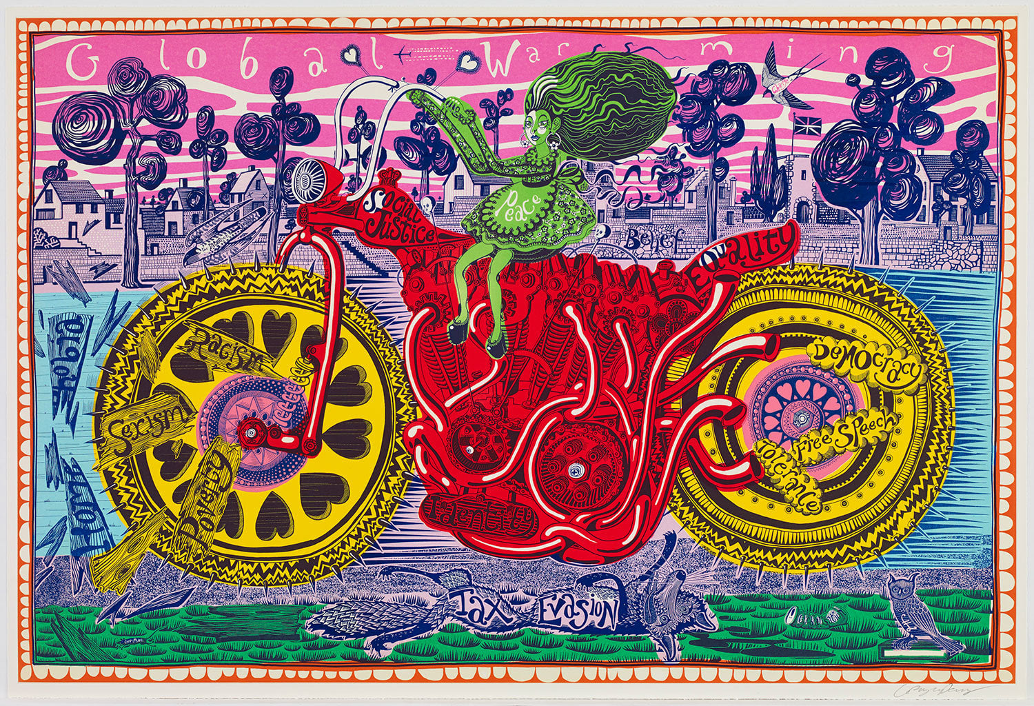 Grayson Perry Selfie with Political Causes - Contemporary Art Print for Home & Office Decor - Perfect for Modern Living Rooms, Galleries, and Art Collections